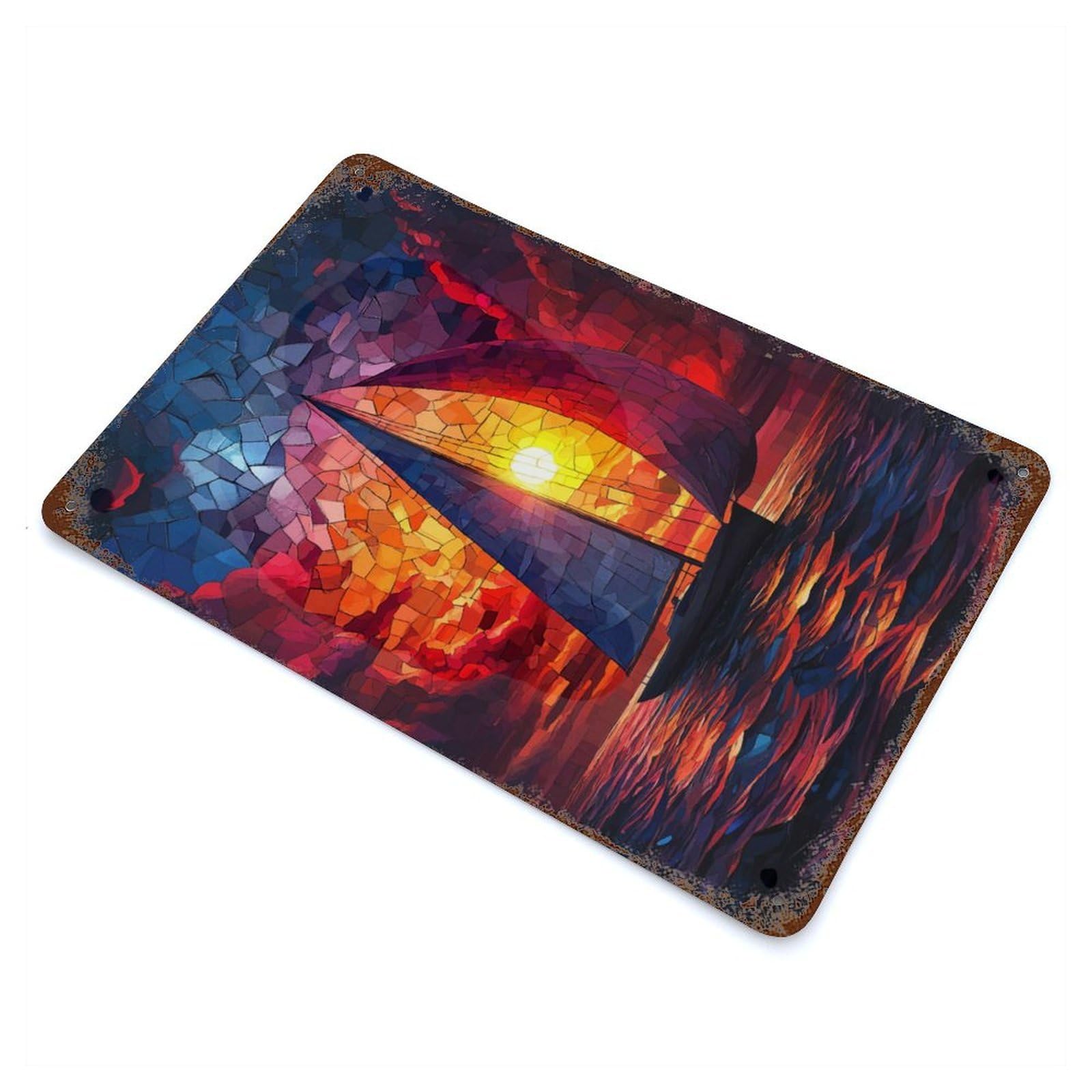 Rust Effect Sailboat Sunset Vintage Rust Metal Sign 11.8"x7.9", Classic Wall Plaque for Shed, Workshop And Garage Wall Decor