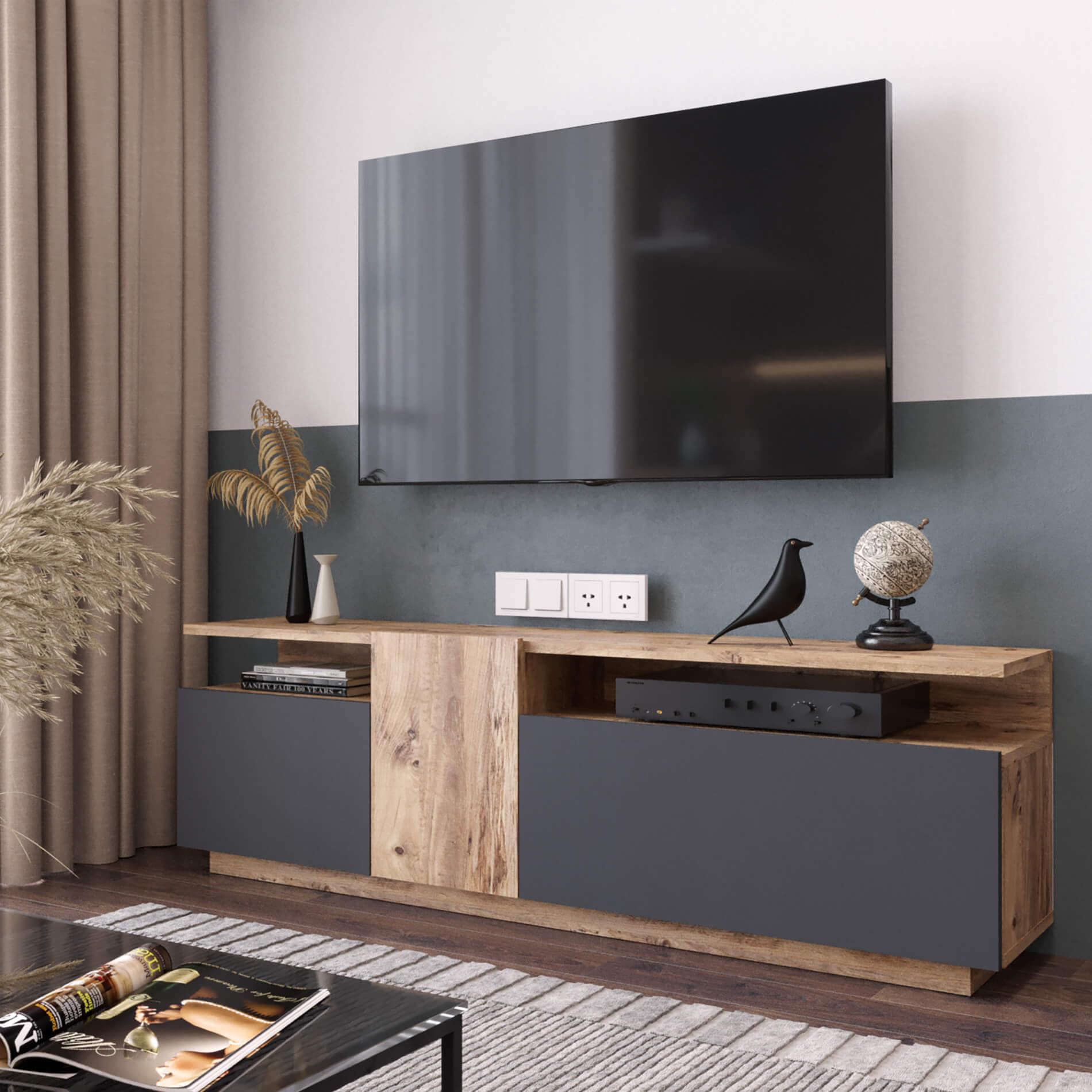 Rebecca Mobili Mobile Tv, Armadio Stand Tv, Color Rovere Grigio Scuro, Truciolato, per Salotto, Stabile, Stile Moderno - Misure HxLxP: 46,5 x 150 x 29,5 cm - Art. RE7078