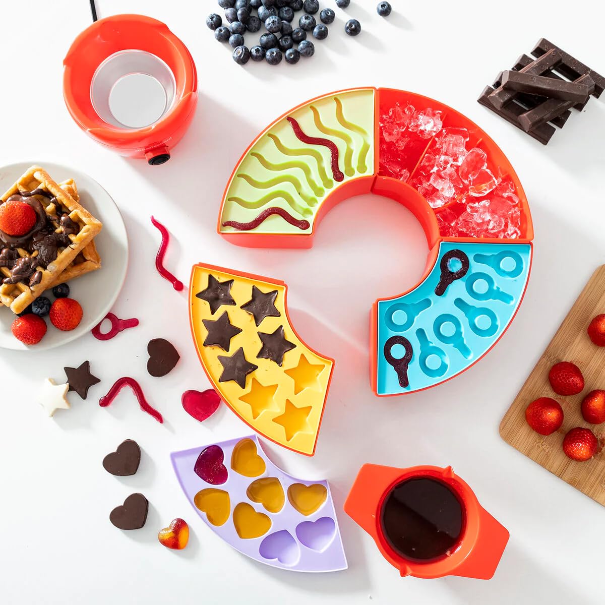 InnovaGoods - Macchina 2 in 1 per Dolci Gelati e Fonduta di Cioccolato, Design Multifunzionale, 4 Stampi in Silicone, Ciotola Estraibile, Cucina Sana, Rosso, Mediano, Acciaio