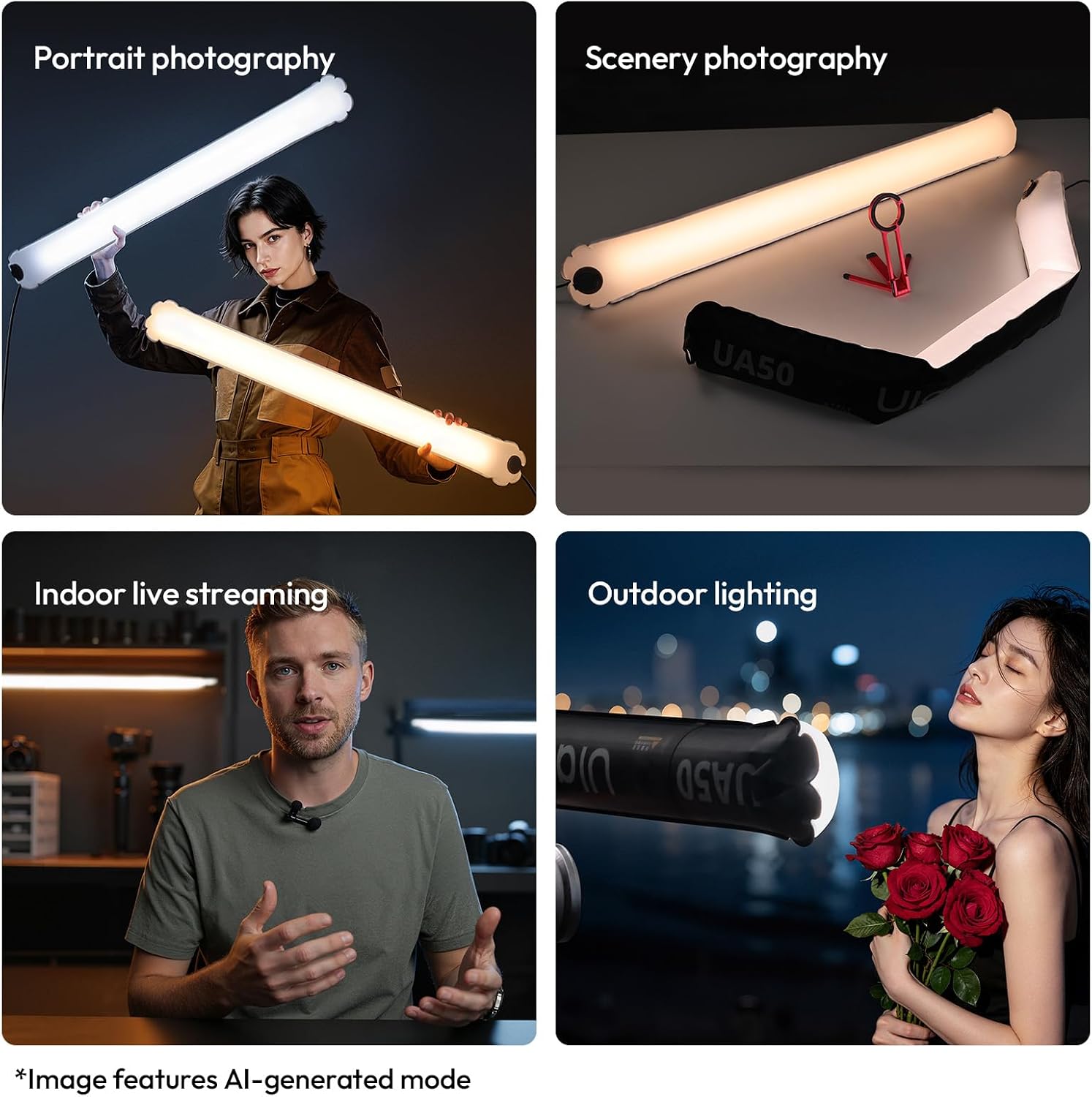 Ulanzi UA50 50W Inflatable LED Air Pillar Light 2700K-6500K Bi-Color Video Light Tube with N52 Magnets CRI 95+ Portable Soft Light for Cosplay Livestream & Studio Type-C PD 65W Input 850mm