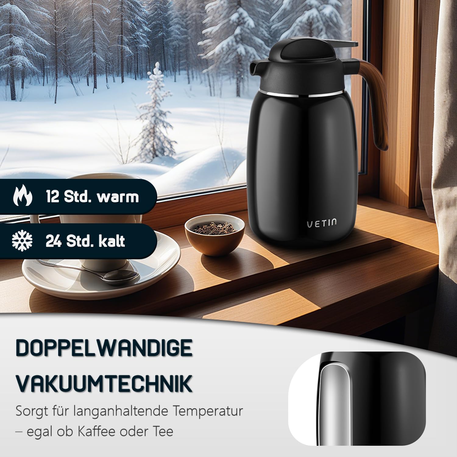 VETIN Termo con colador de té de 1,5 l, jarra térmica de doble pared de acero inoxidable 304, tetera térmica con colador, jarra térmica de 12 horas de calor/24 horas de frío (negro)