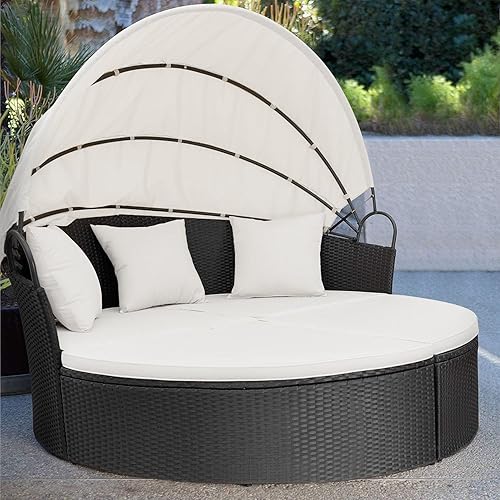 Miniatura 6 de Homall Sofá cama para patio al aire libre con toldo retráctil, asiento seccional de mimbre de ratán con cojines lavables para patio, porche, sofá