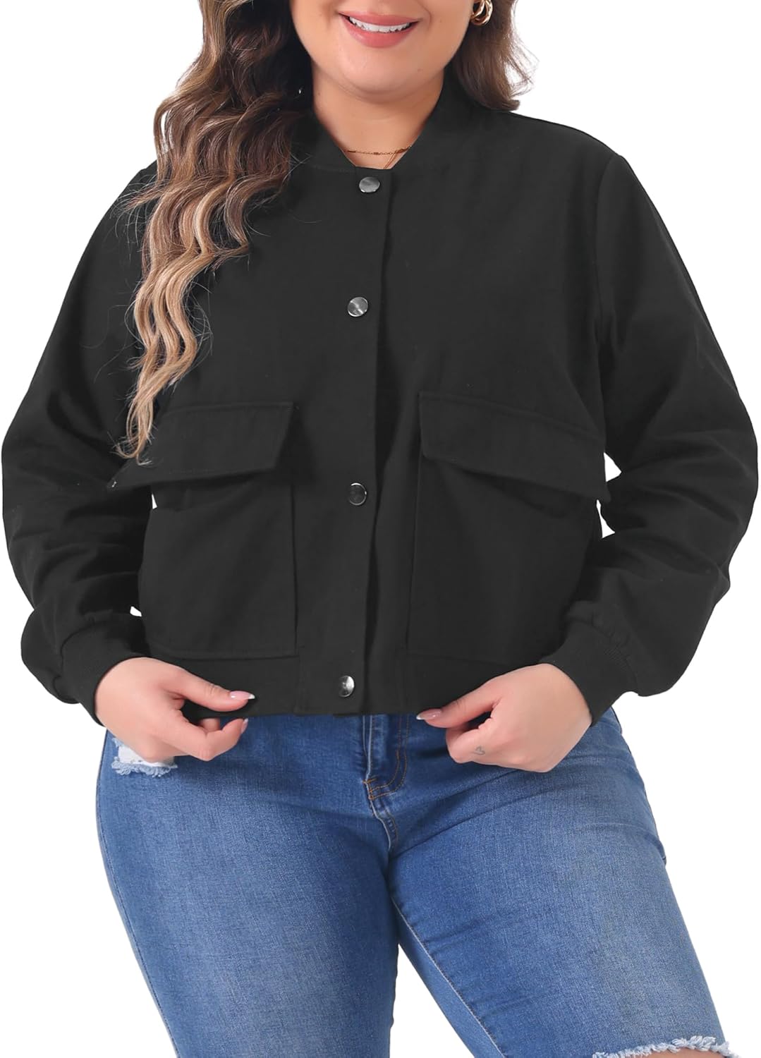 Agnes Orinda Plus Size Jacket for Women Casual Long Sleeve Stand Collar Button Down Jackets Shackets with Pockets - Image 2