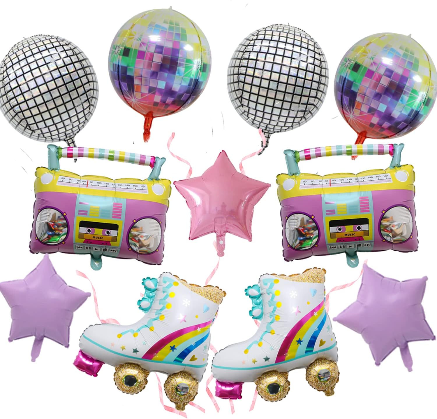 11 PCS Rainbow Roller Skate Balloons 4D Round Shaped Inflatable Radio Boombox Props for 80s 90s Retro Theme Hip Hop Disco Fever Birthday Party Balloon Decor Supplies - Image 4