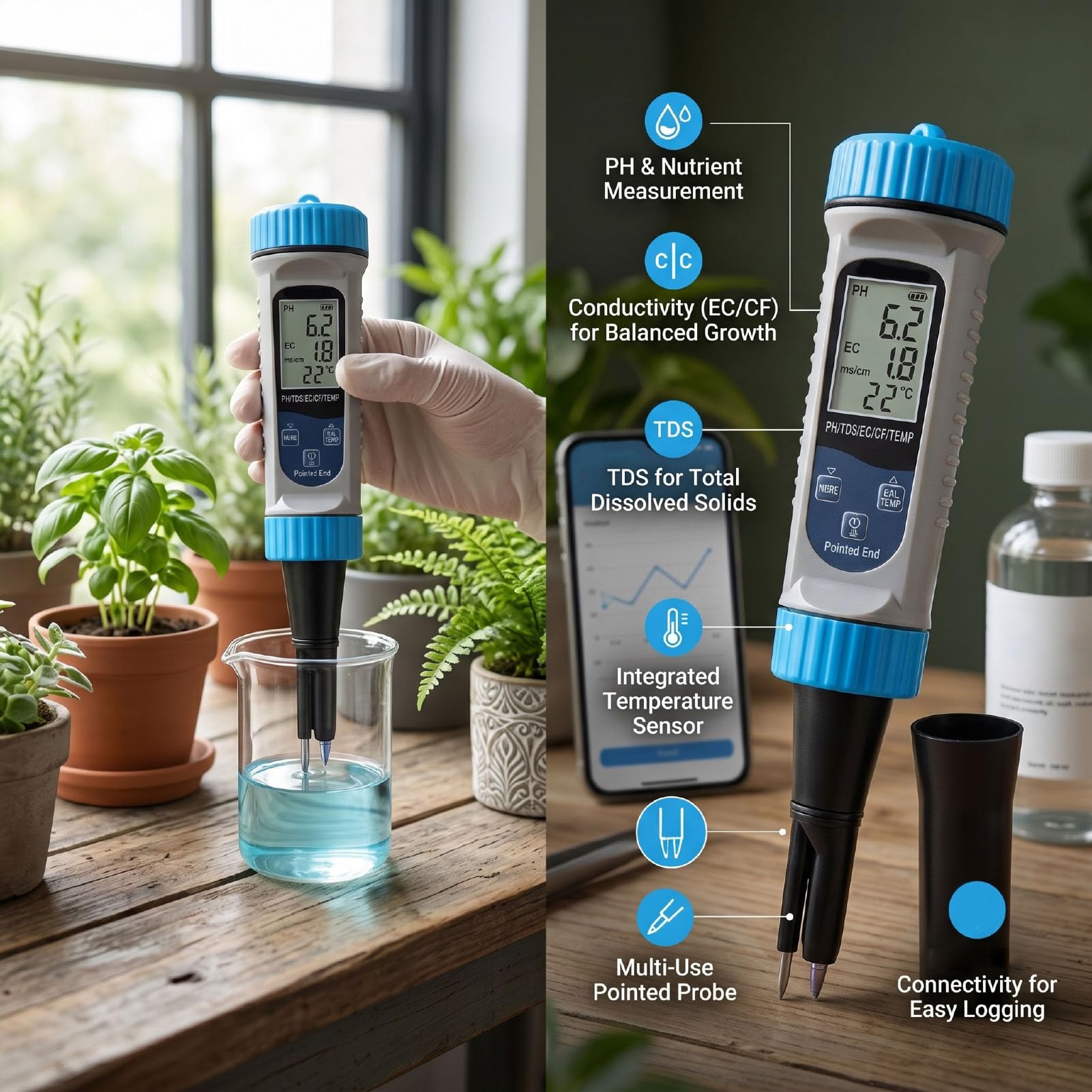 ASHATA Przenośny Miernik PH do żywności Smart Bluetooth Tester do Sera