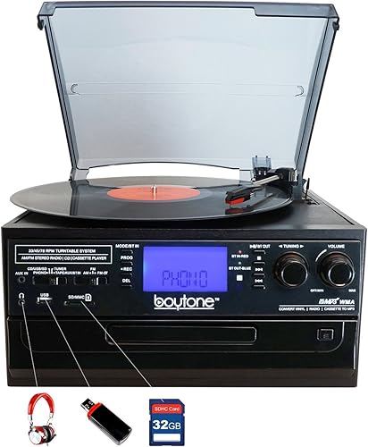 Miniatura 3 de Boytone BT-22B, tocadiscos Bluetooth, radio AMFM, casete, reproductor de CD, 2 altavoces incorporados, capacidad de convertir vinilo, radio, casete,