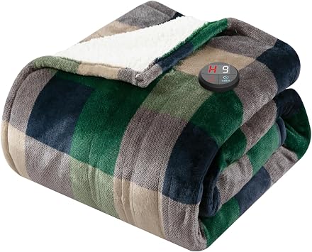 GOTCOZY Heated Blanket Electric Throw 50X60- Electric Throw Blanket with One Touch Button 10 Heating Level & 9 Time Settings Heating Blanket, Machine Washable Check GreenBlue