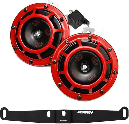 HELLA Supertone 12V High/Low Tone Twin Horn Kit with Perrin Bracket Compatible with 2002-07 Subaru WRX STI (Red)