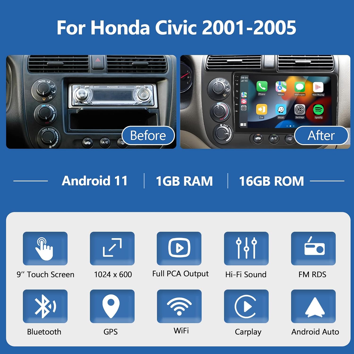 car stereo radio with wireless apple carplay android auto for honda civic 2001 2002 2003 2004 2005 9 inch android touch screen bluetooth radio with gp