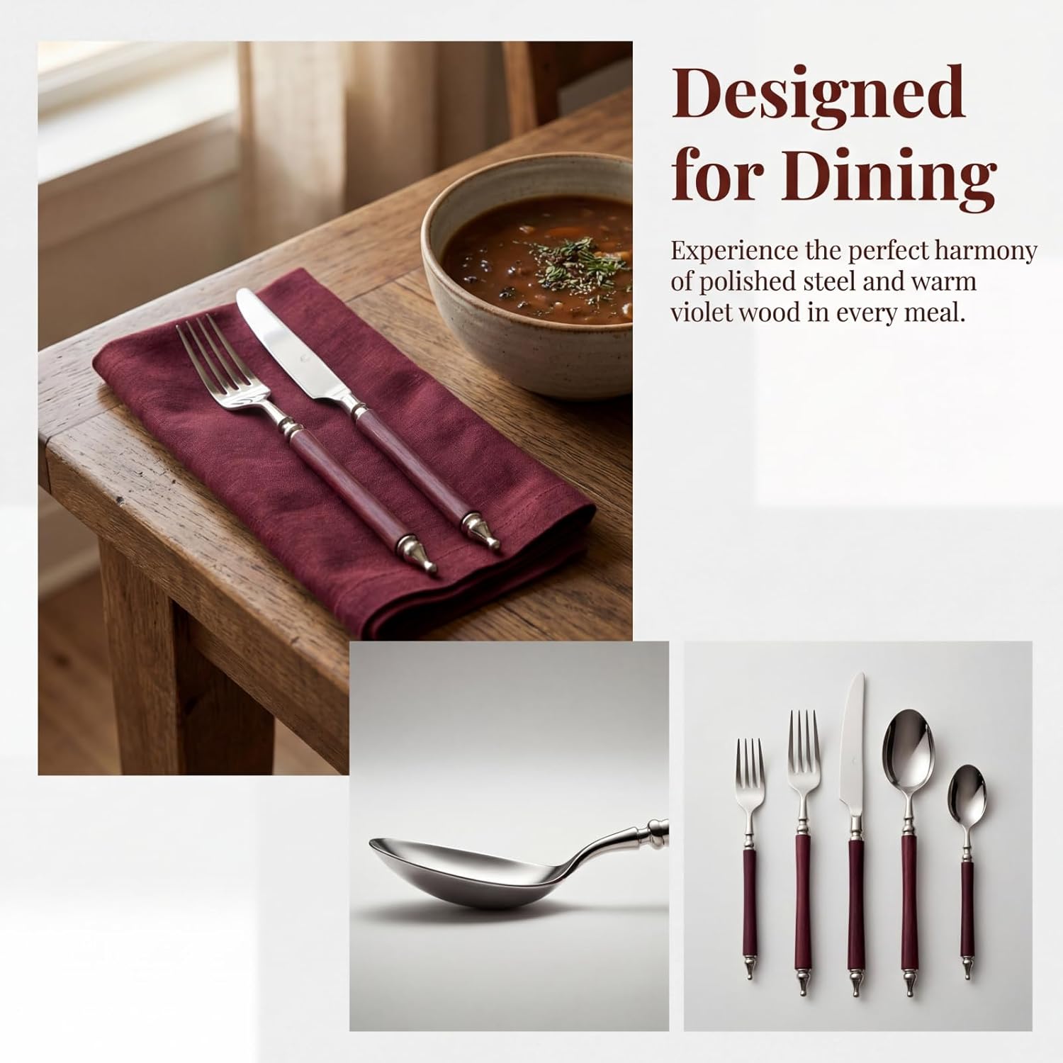 Silverware Set for 10, 50-Piece Stainless Steel Flatware Set with Solid Violet Wood Handle, Mirror Polished French Vintage Cutlery for Home Dining, Hosting, Restaurant & Gift Giving