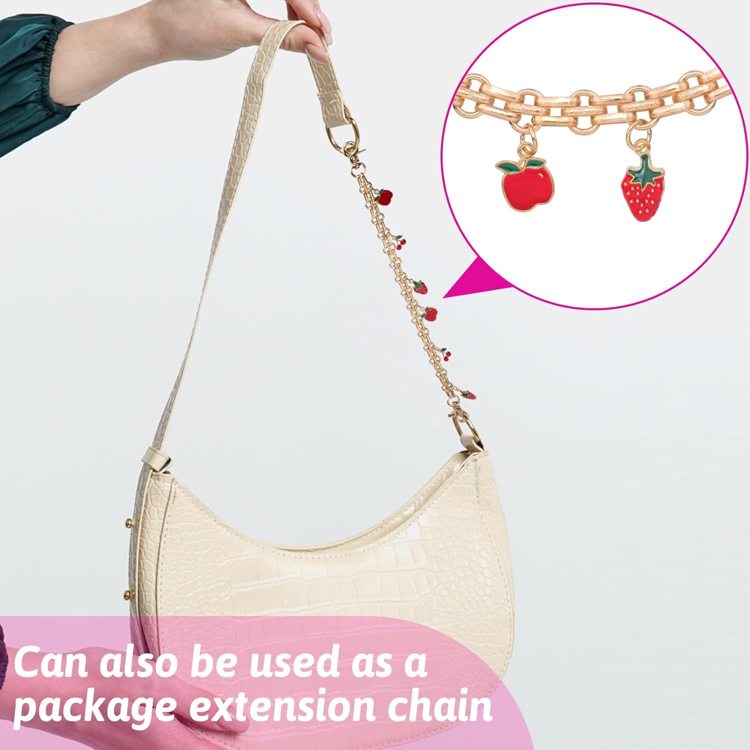 2pcs Purse Charm Chain with Fruit Enamel Pendant, 2 Sizes Strawberry Cherry Apple Bag Extension Chain for Women, Decorative Replacement Purse Strap Extender Chains for Handbags, Shoulder Bags - Image 5