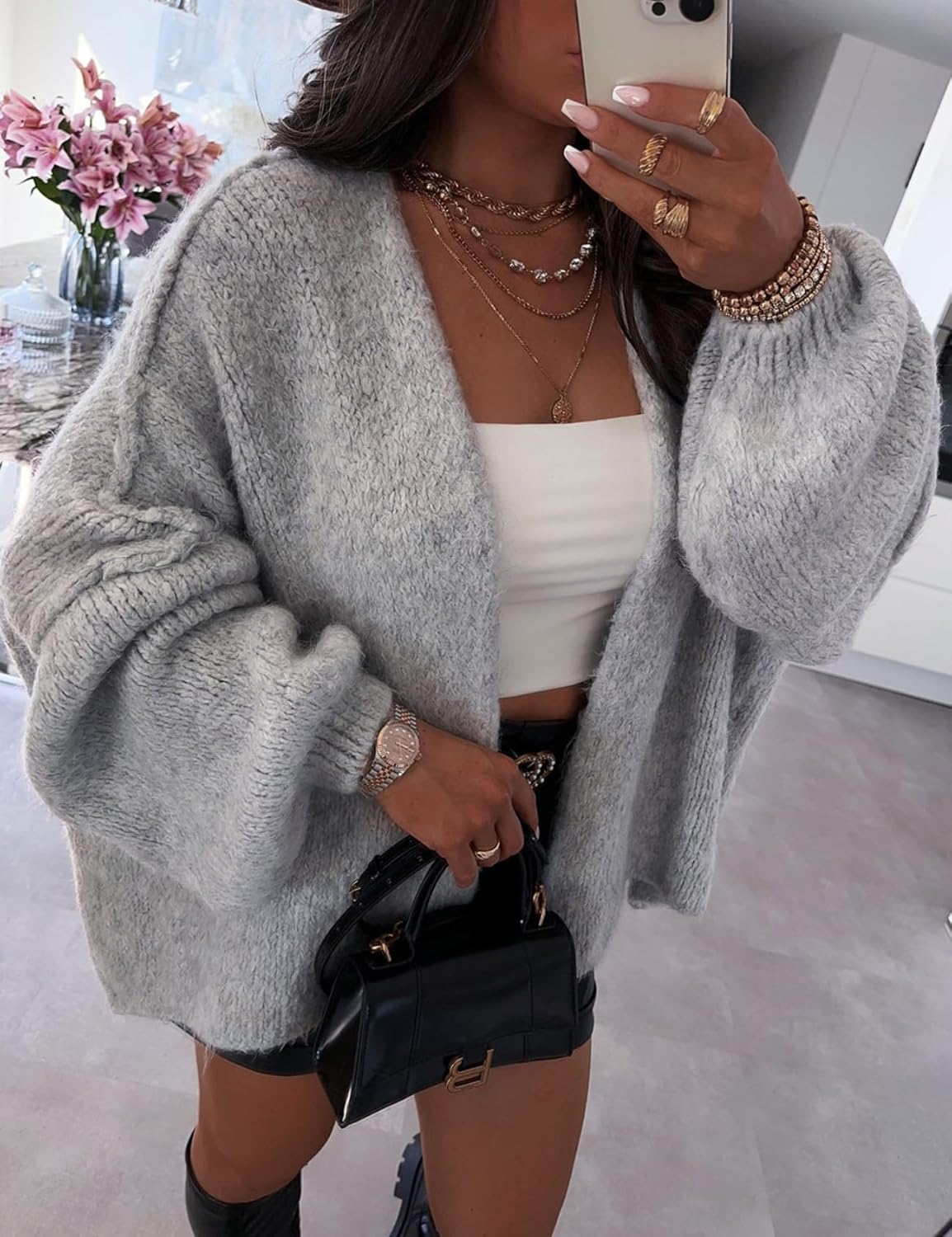 Perbai Womens Oversized Chunky Cardigan Sweater Fall Batwing Lantern Long Sleeve Open Front Knit Sweater Jacket - Image 3