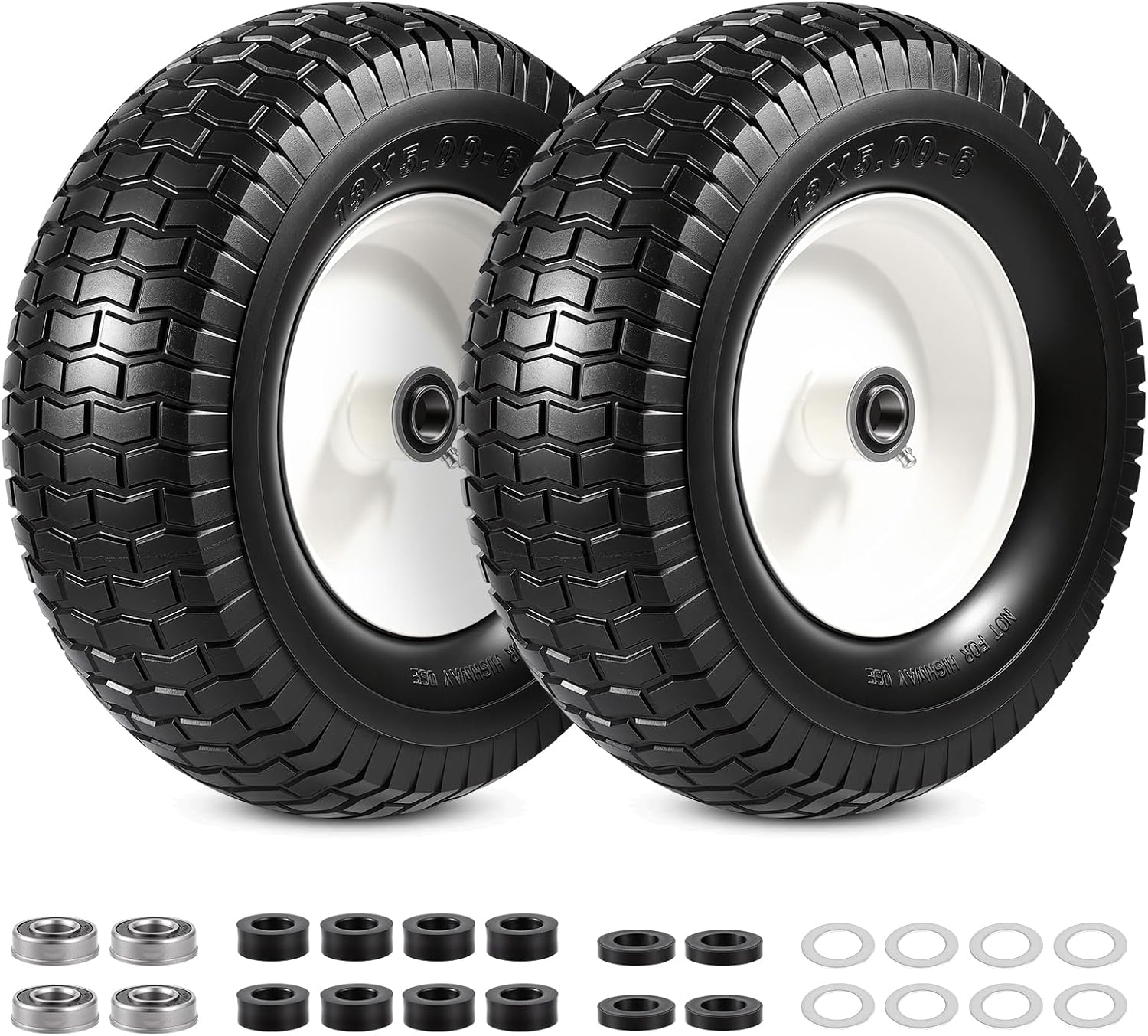 2 Pack 13x5.00-6 Flat Free Tire and Wheel Assemblies, 13x5-6 Solid Rubbe Tires and Wheel for Riding Lawn Mower - With 3/4" Bushings & 5/8" Bearings, 3" Centered Hub