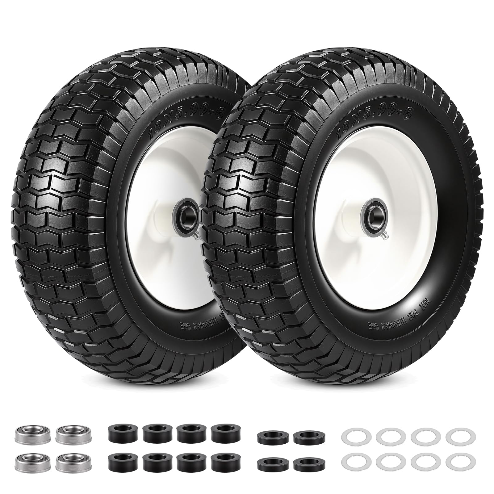 Paquete de 2 conjuntos de neumáticos y ruedas planos de 13 x 5.00-6, neumáticos de rubbe sólido de 13 x 5-6 y rueda para cortacésped, con bujes de 0.75 pulgadas y rodamientos de 0.62 pulgadas, cubo