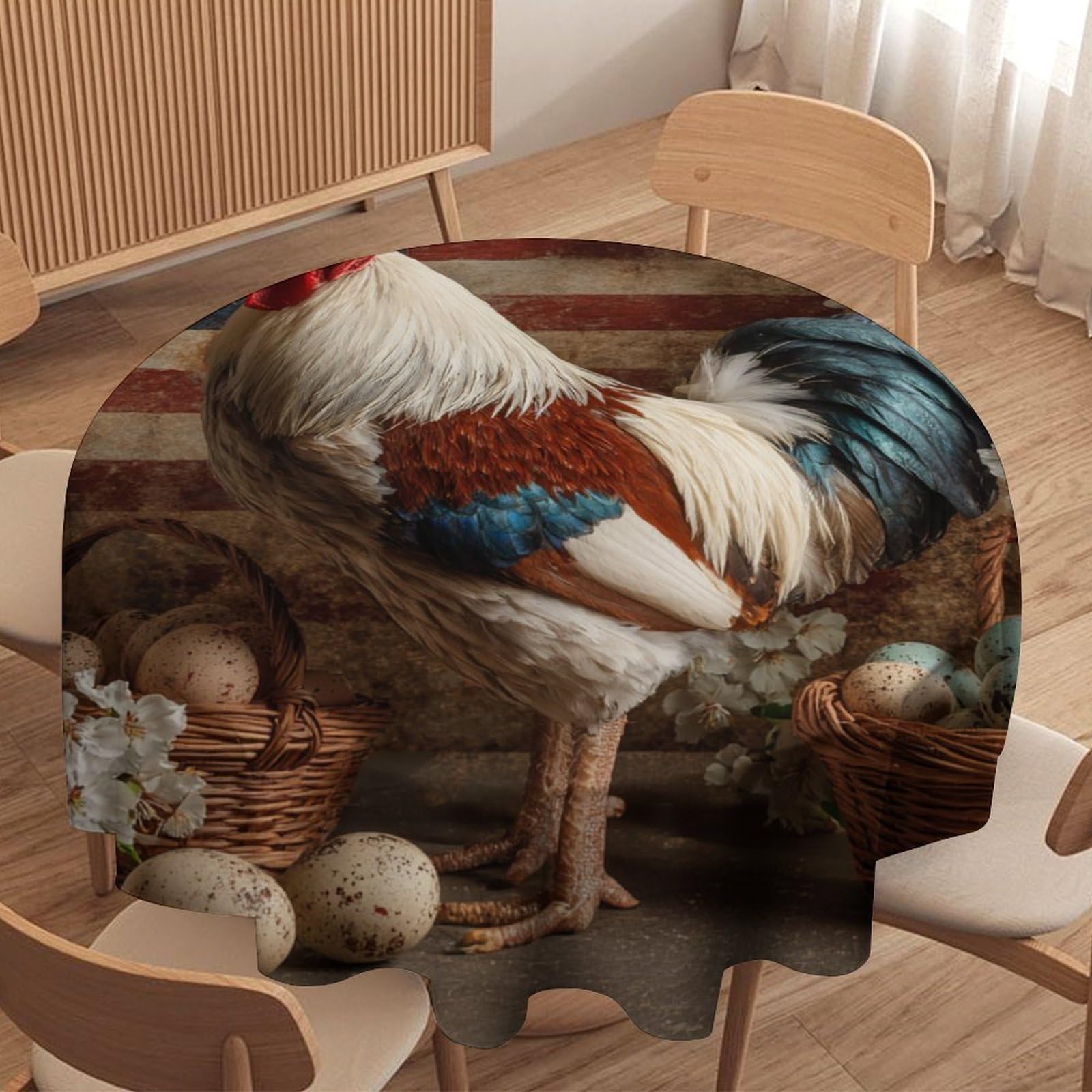 LUYYSKY Rustic Classic Animal Chicken Waterproof Round Tablecloth Retro Patriotic American Flag Daisies Flowers Animal Rooster Washable Table Cover for Kitchen-177.8" Wx177.8 L cm