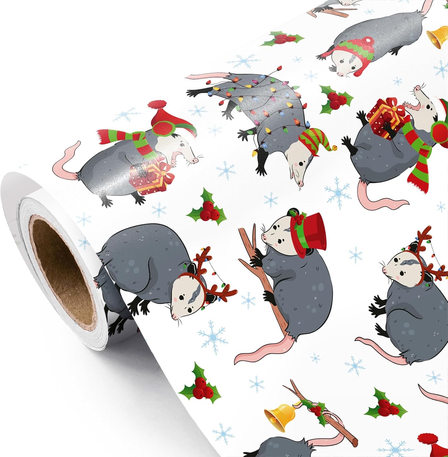 WRAPAHOLIC Animal Wrapping Paper Roll - Wrapping Paper for Christmas, Holiday, Party Celebration, Possum - Santa Hatted,17 Inch x 16.5 Feet