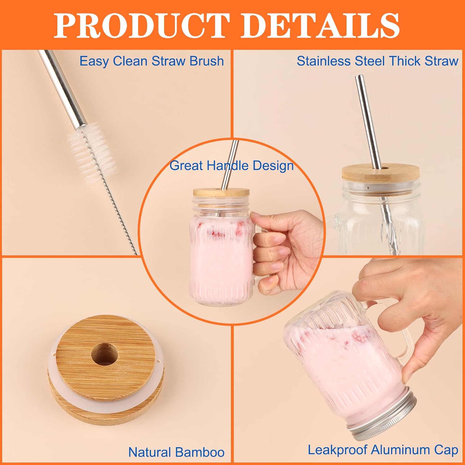 Magicsky Mason Jar Cups with Handles, Vintage 16 oz Glass Iced Coffee Cup with Bamboo Lids and Straws, Pint Drinking Jars Mug for Smoothie, Cold Drinks, Juice, Party Beverages, Set of 4 - Image 5