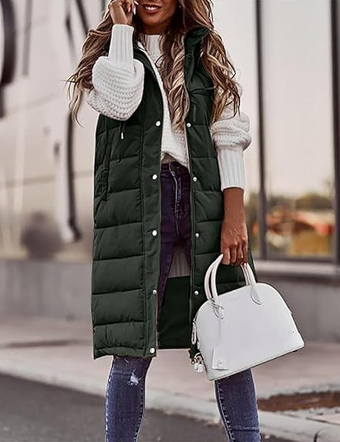 Womens Long Hooded Quilted Puffer Vest Zip Up Sleeveless Hoodie Quilted Vest Jacket Winter Warm Coat