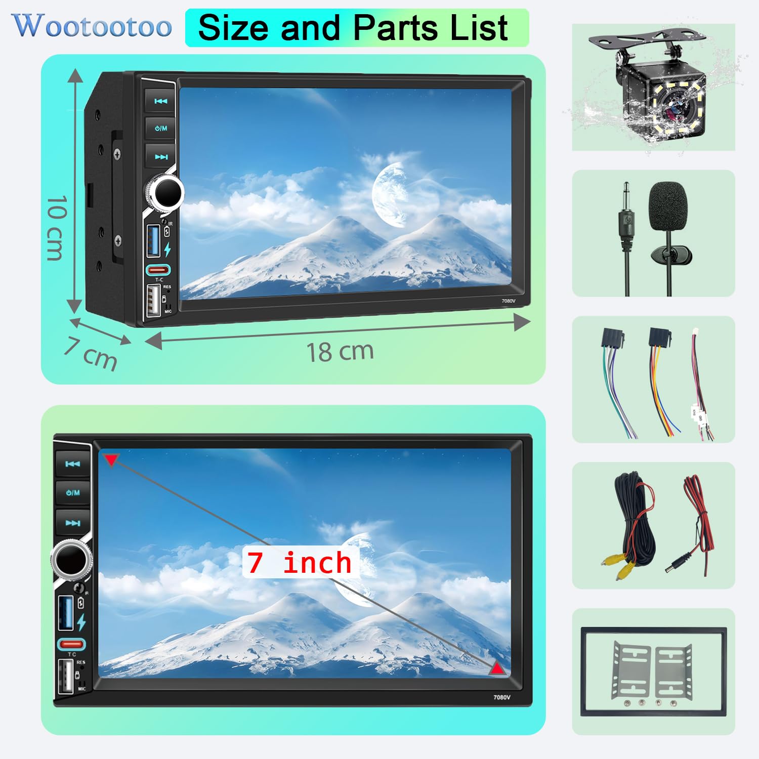 Autoradio 2 DIN BT Autoradio Car Play Voiture avec sans Fil carplay & Android Auto,Double Din 7 Pouces HD Écran Tactile,RDS Radio FM/Type C/Charge Rapide/Microphone/Caméra de recul