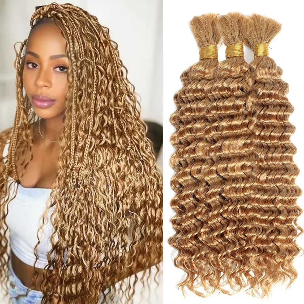#27 Honey Blonde Human Braiding Hair for Boho Braids Human hair, 16 16 16 Inch 150g 3Pcs,Blonde Deep Wave Bulk for Braiding Curly Knotless Hair Extensions，Remy Human Hair