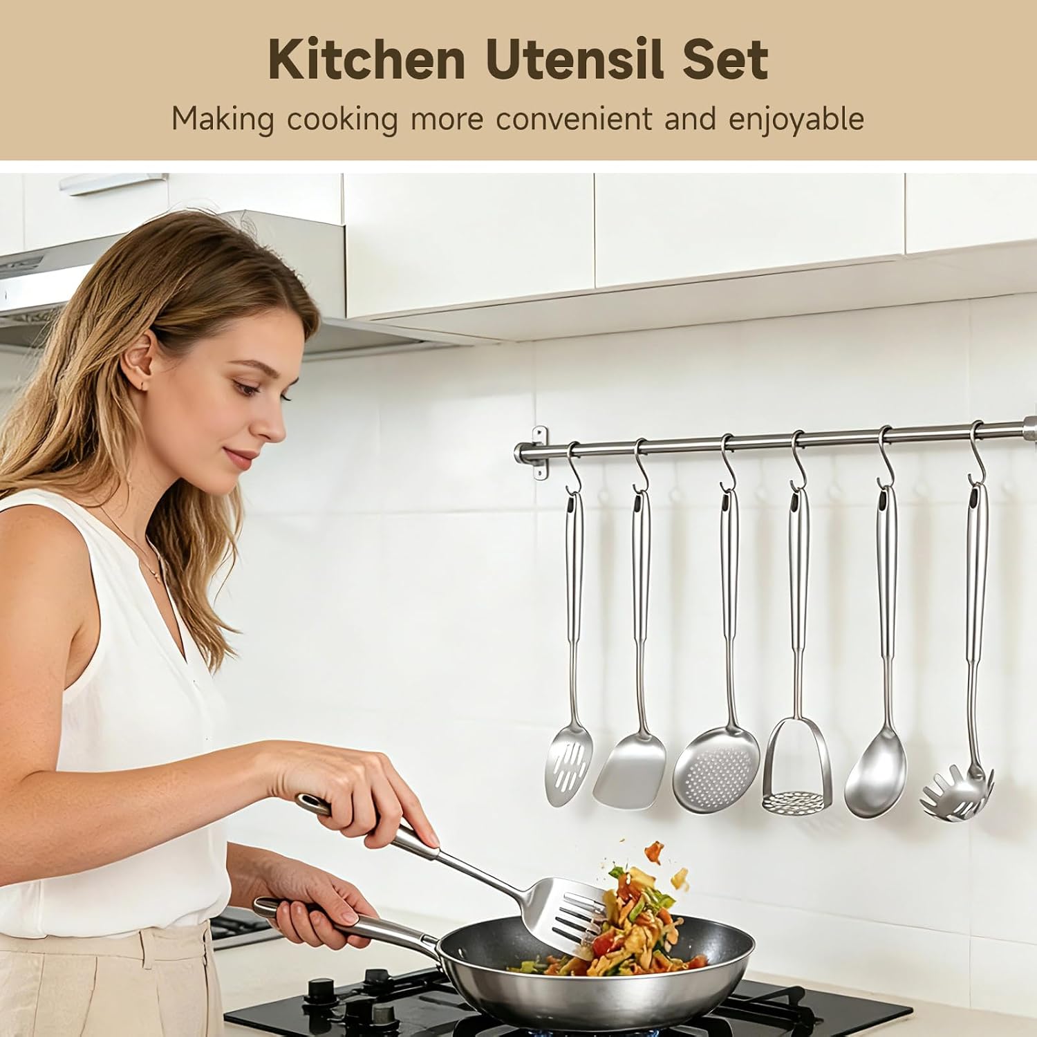 16-Piece Stainless Steel Cooking Utensils Set, One-Piece Professional Kitchen Tools with Comfortable Handles, Integrated Hanging Storage Holes, for Skillet, Wok, and Pots