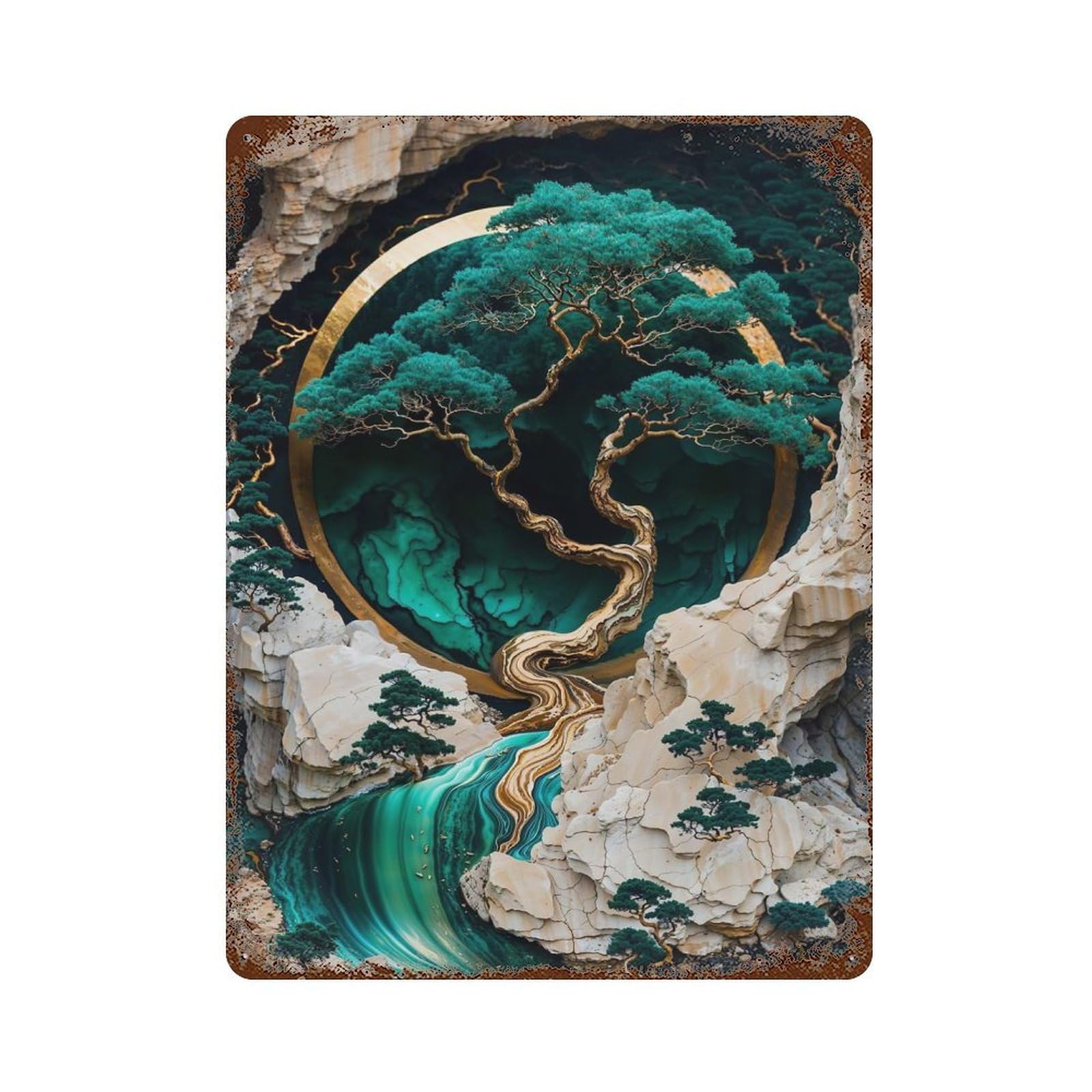 Mountain Tree Kintsugi Art Rust Effect Tin Sign 15.7"x11.8", Ideal for Shed, Workshop And Garage Wall Decor