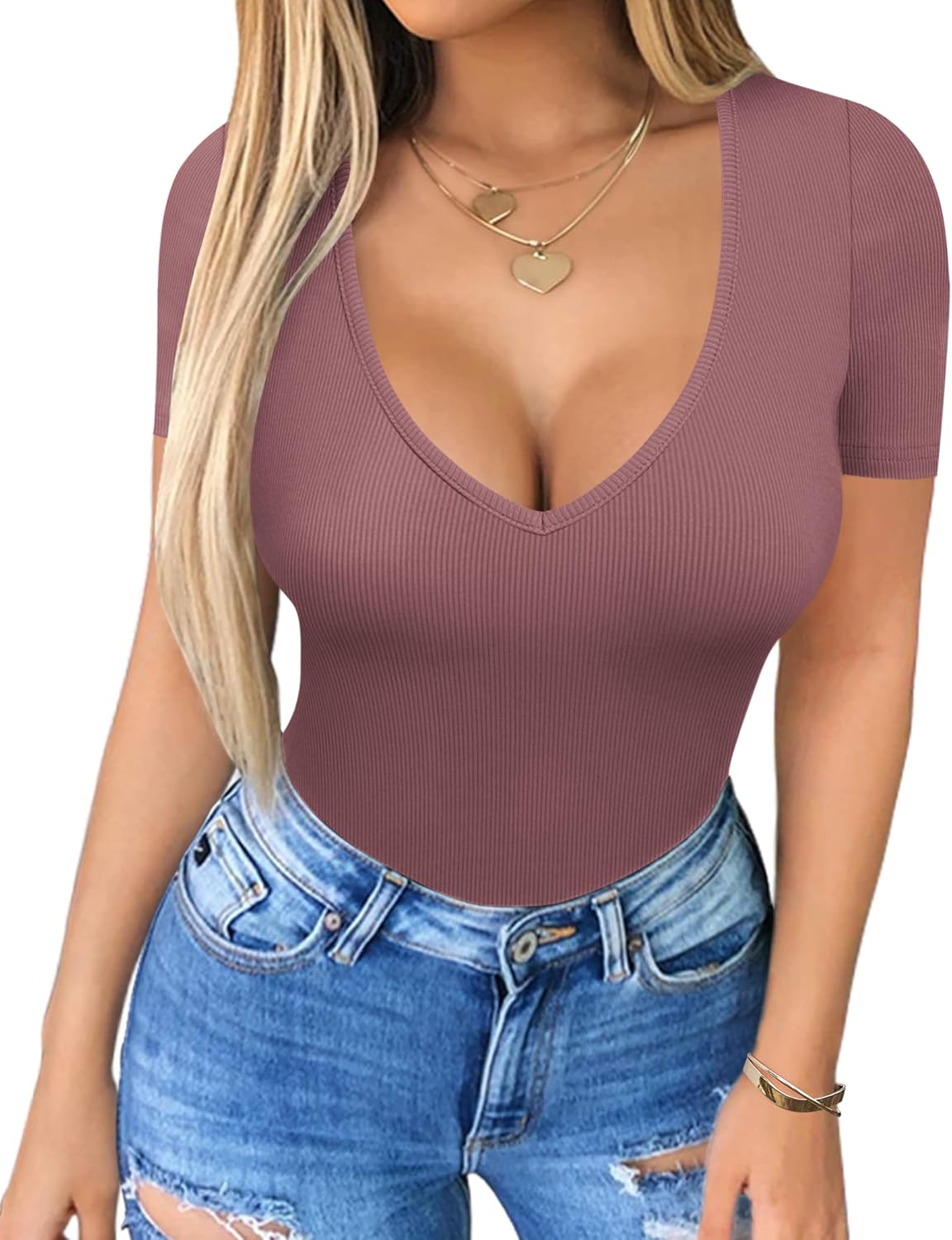 HOTOUCH Deep V Neck Tops for Women Sexy Low Cut Summer Ribbed Knit T Shirts Slim Fit Stretchy Basic Fashion Tee - Image 3