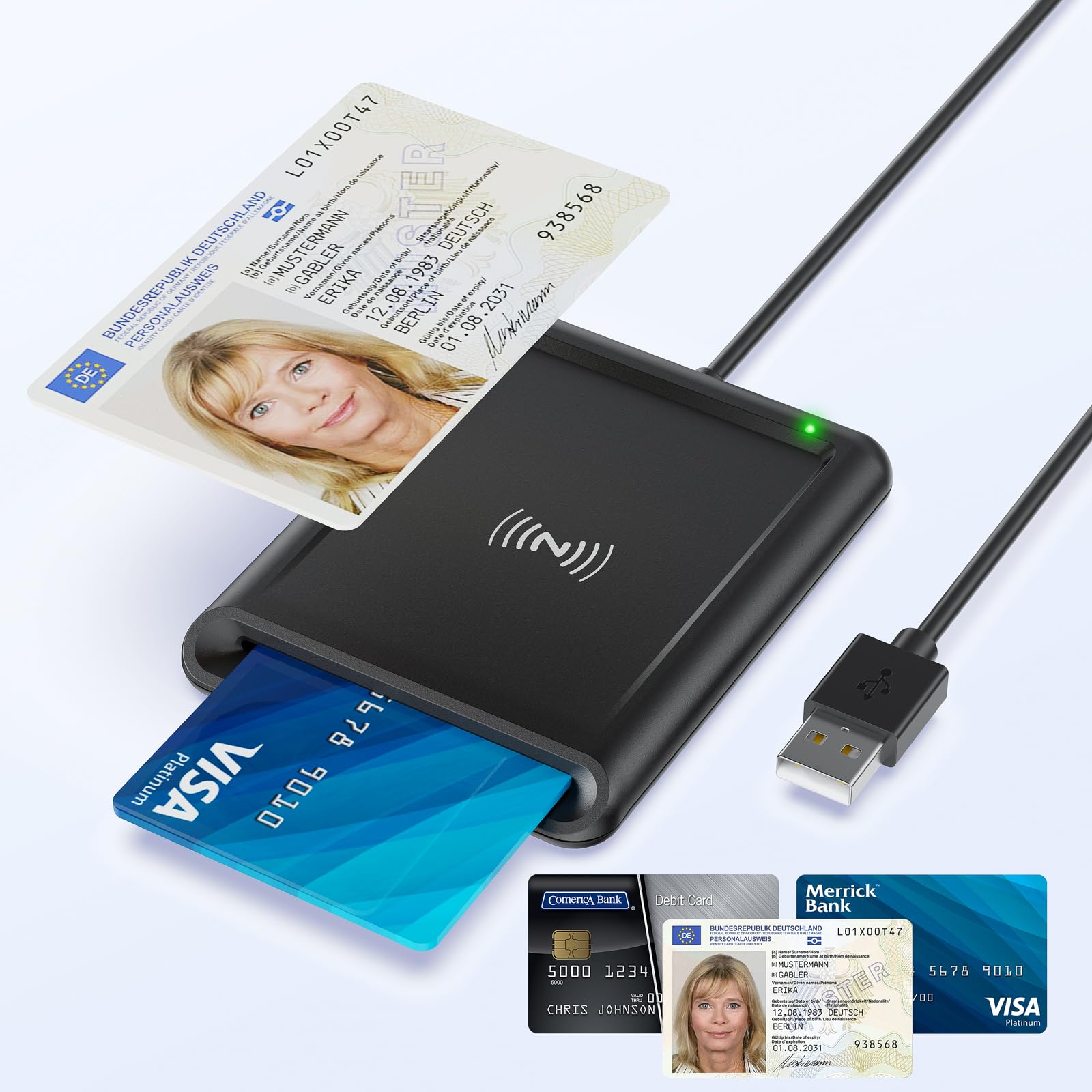 Quanlex 2 w 1 czytnik kart chipowych USB-A z NFC, czytnik kart identyfikacyjnych, czytnik kart Smart Card kompatybilny z Windows, Linux, Android i Mac, kabel 95 cm