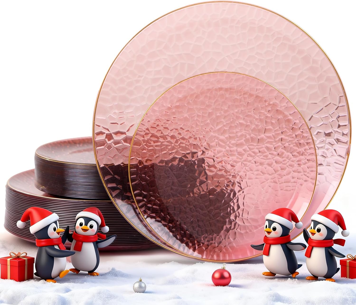 Hioasis 60pcs Burgundy Plastic Plates - Gold Rimmed Disposable, Hammered, Heavy-duty Dinnerware Set Suitable for 30 Guests, 10.25" Dinner & 7.5" Dessert Plates for Party & Wedding Red and Gold