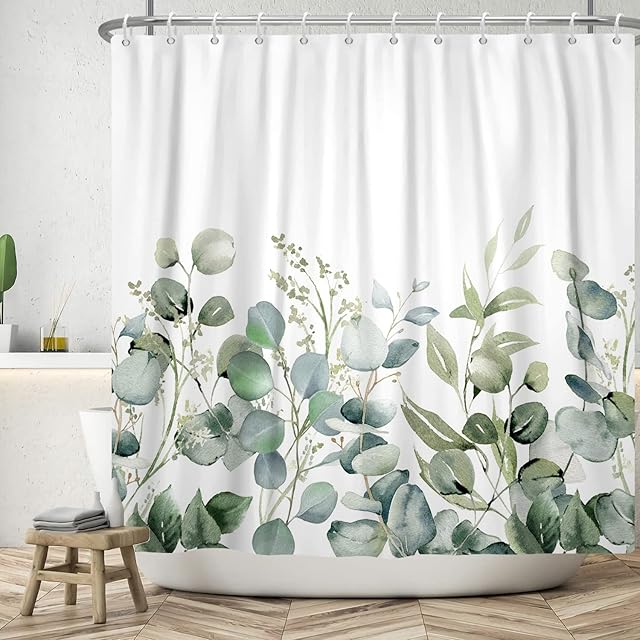 MIRRORANG Eucalyptus Leaves Shower Curtain,Green Leaf Plant Bathroom Curtains with 12 Hooks, Waterproof Mildew and Mould Resistant Polyester Fabric Washable Shower Curtain (180 x 180 cm)