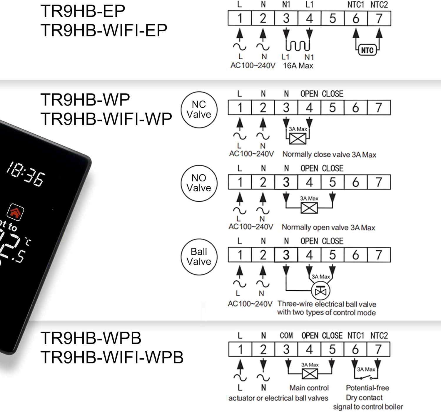 Wiring diagram for Beok TR9HB-WIFI-EP thermostat