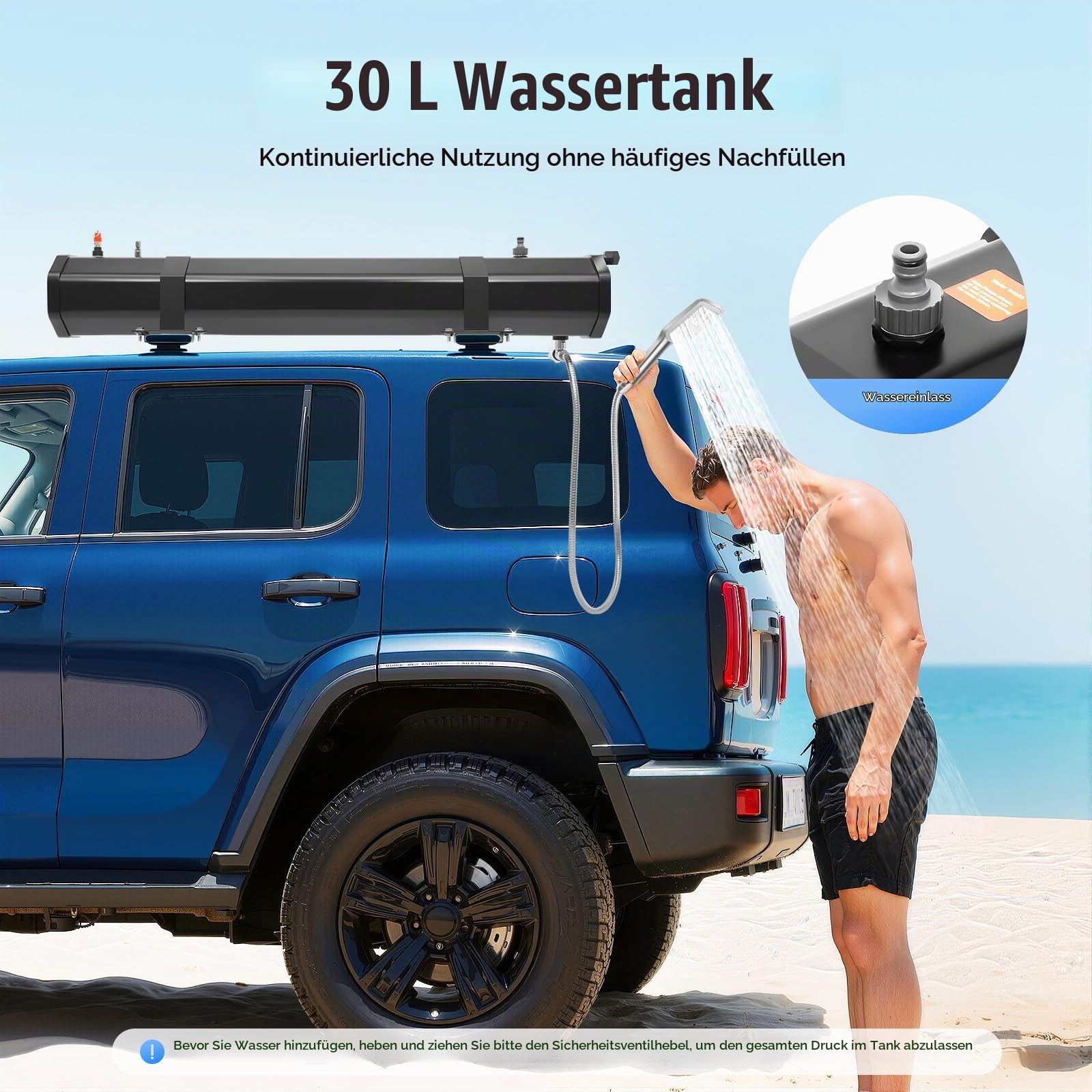 Dachgepäckträger-Wassertank Wasserspeicher mit 30L Solar-Duschtank & Druckpumpe (1.6 bar), Campingdusche Camping Dusche Outdoor für Kofferräume Überrollbügel Querträger