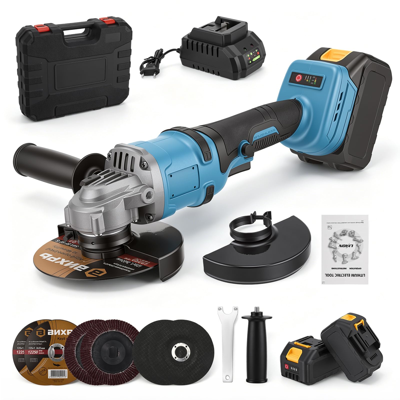 Amoladora angular inalámbrica, motor sin escobillas de 125 mm, lijadora de batería Flex de 20 V, cubierta de cierre rápido, mango antivibración, 2 lijadoras, 2 compartimentos, 2 discos de corte