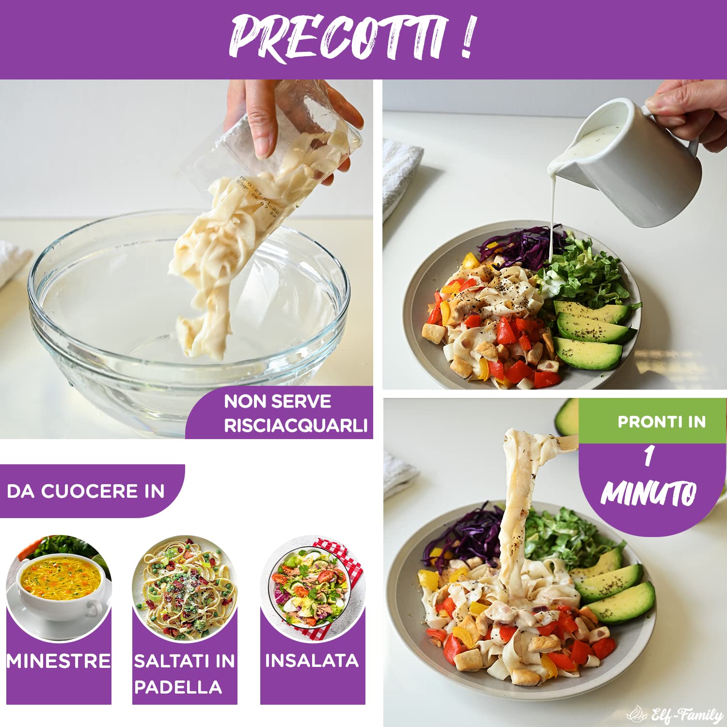 Elf-family [Nuovo]Pasta di Konjac Pochi Carboidrati- Prodotto in Tailandia- Vegano Senza Glutine- 240g x6 Scatole(per 12 Porzioni), Konjak Shirataki Noodles Ipocalorica/Senza Zucchero - Fettuccine