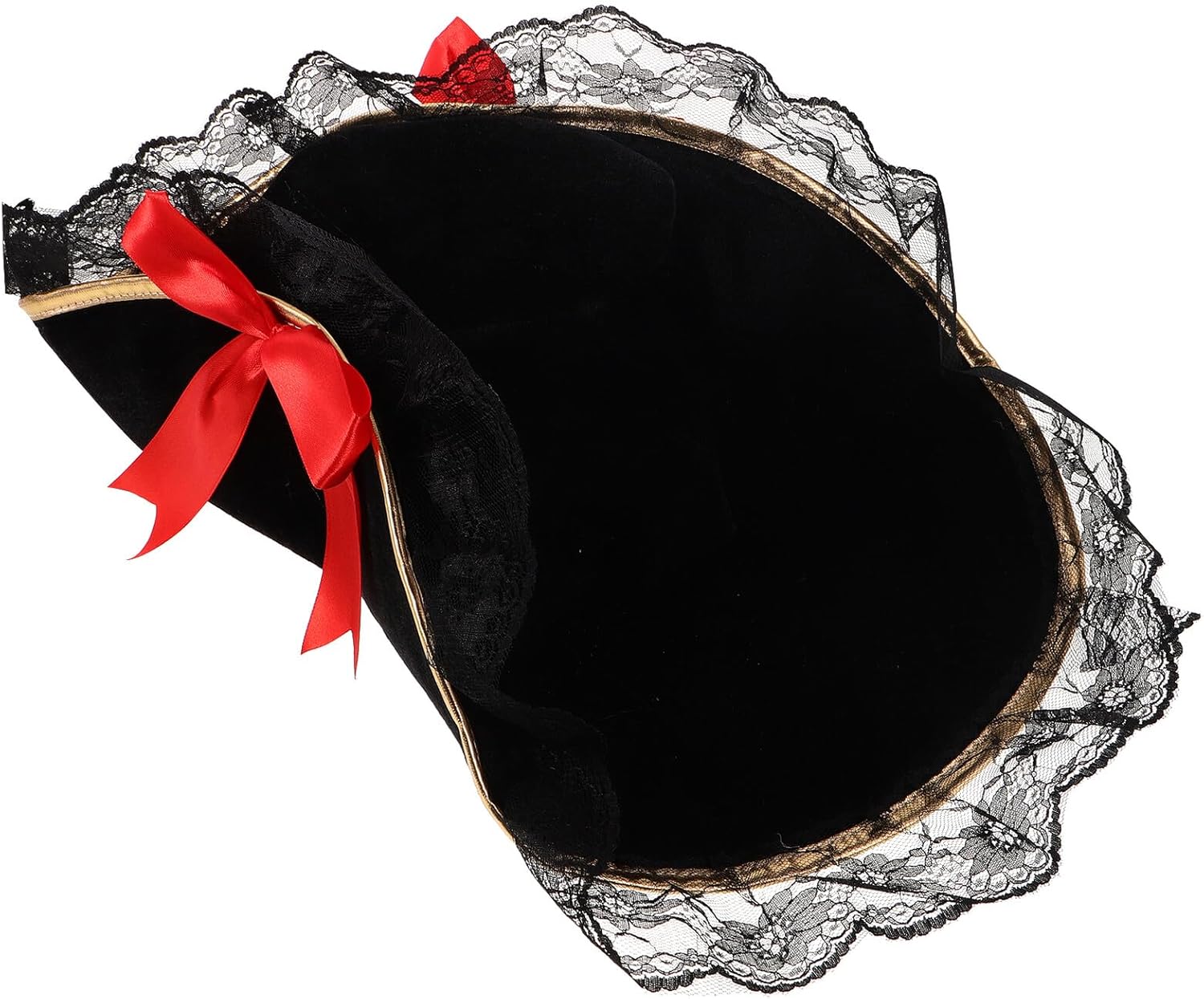 Operitacx Tricorn Hat with Red Bow and Lace Trim Plush Pirate Captain Hat for Women Halloween Party Costume Accessory