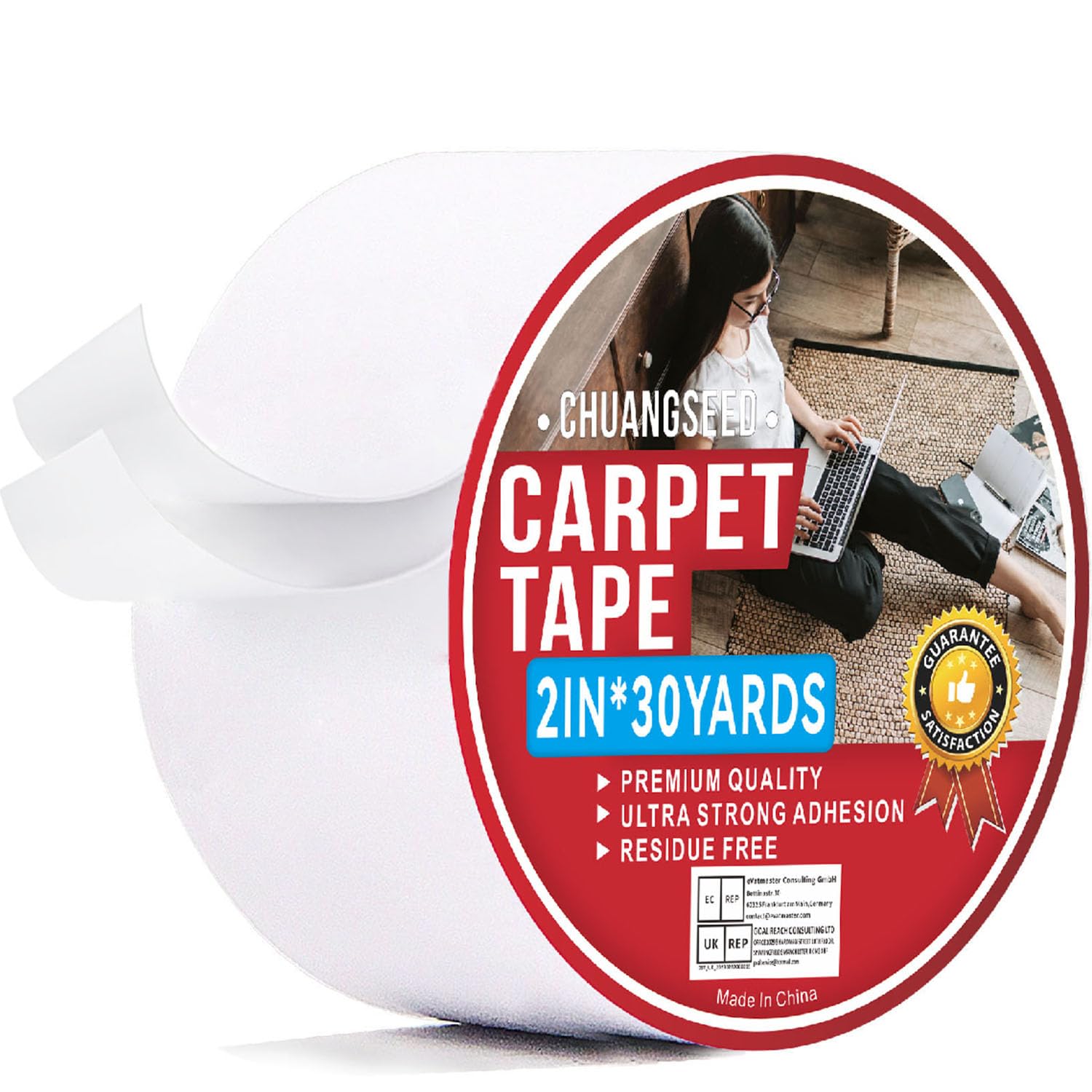 CHUANGSEED Carpet Tape Double Sided,White Rug Tape for Tile Area Rugs Hardwood Floors,Strong Sticky Tape,Removable,No Residue 2inchesx30yards
