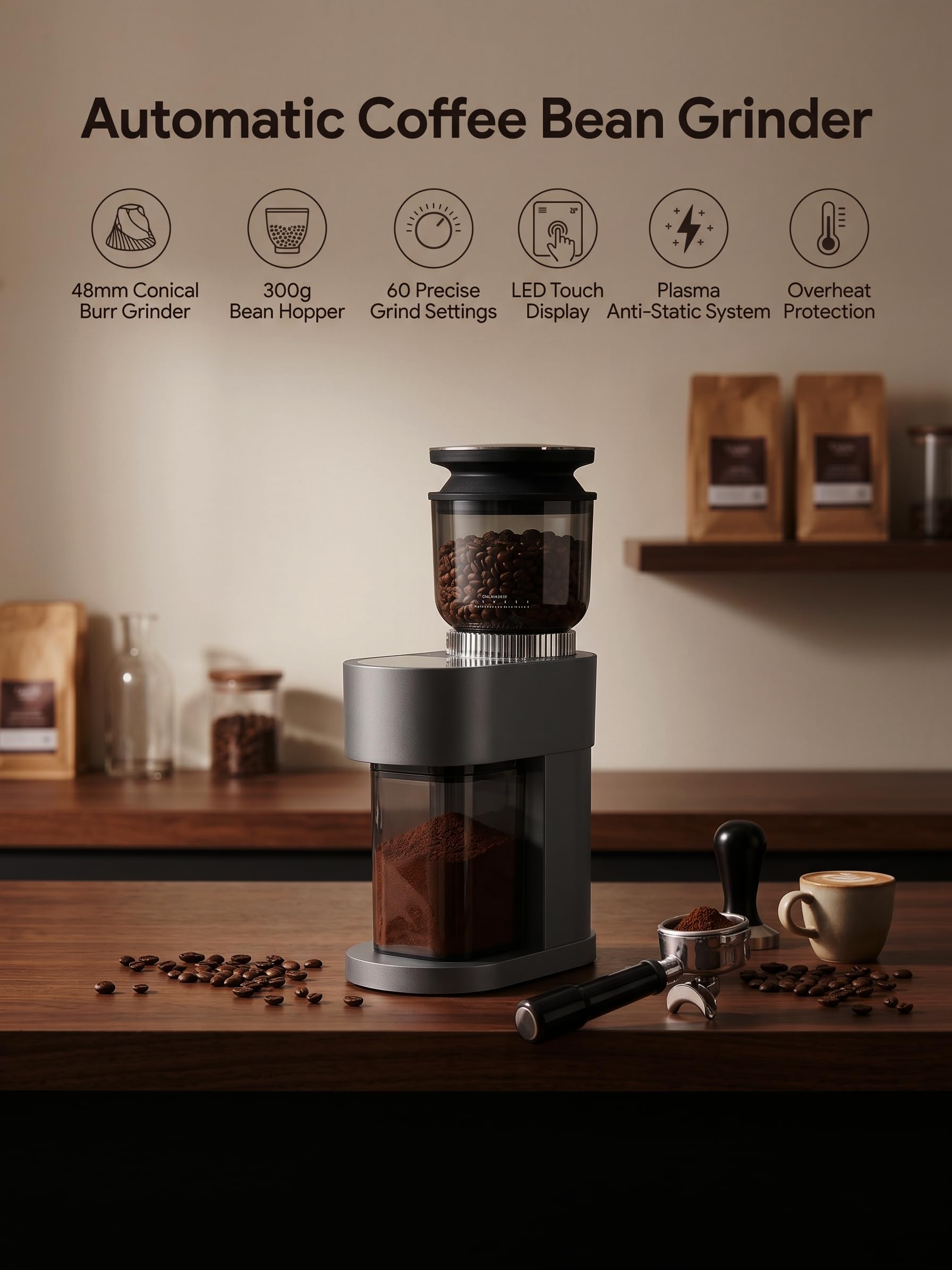 Molinillo de café eléctrico, 60 grados de molienda, cono de 48 mm, molinillo de granos de café con soporte para filtro y fuelle, pantalla táctil digital, para café expreso, prensa francesa, café