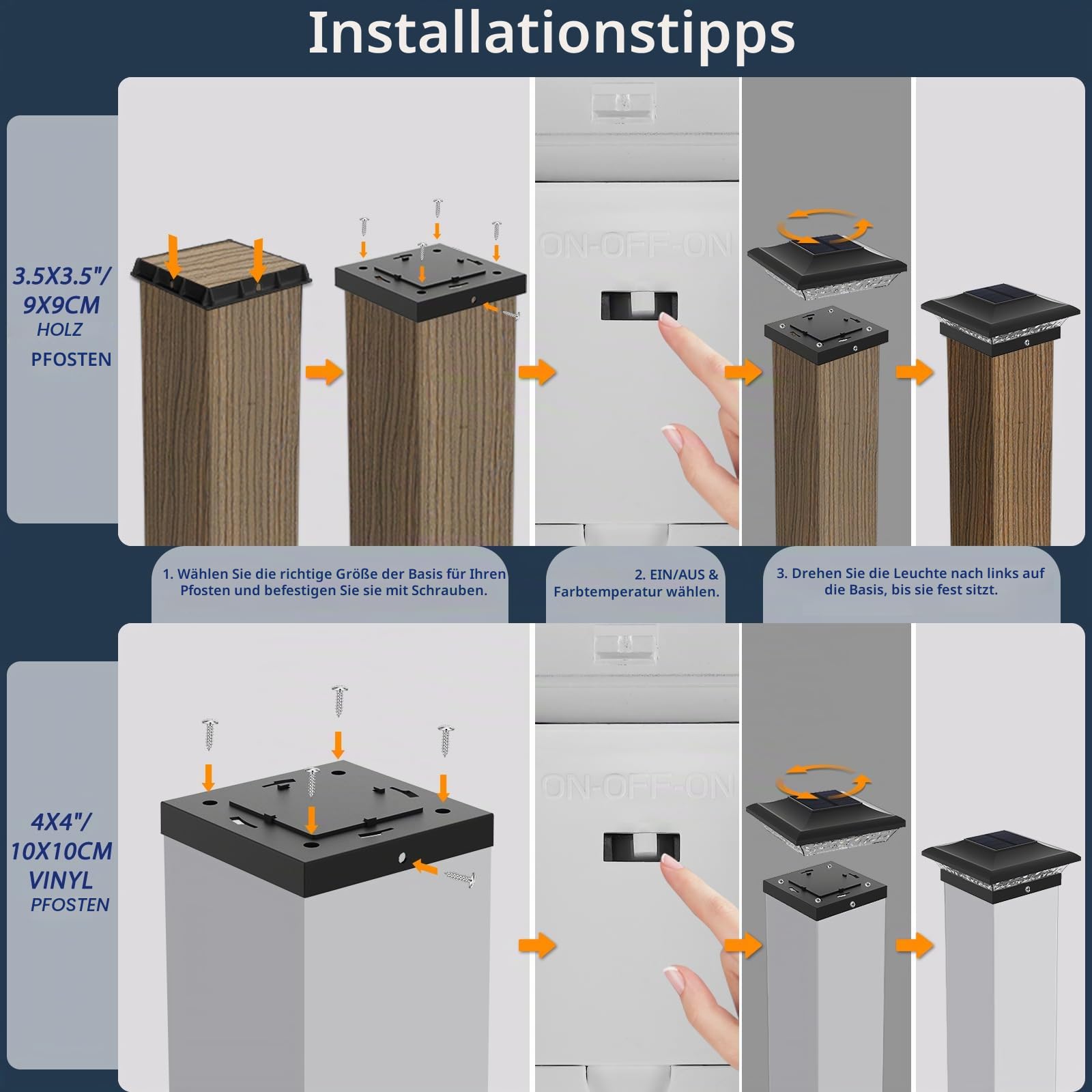 T-SUNUS Pfostenkappen Solar 9x9 10x10, Pfostenleuchte Solar mit 2 Farbtemperatur IP65 Wasserdicht, Zaunpfosten Lampe für Hölzerne Pfosten Plattform Zaun 12 Stück
