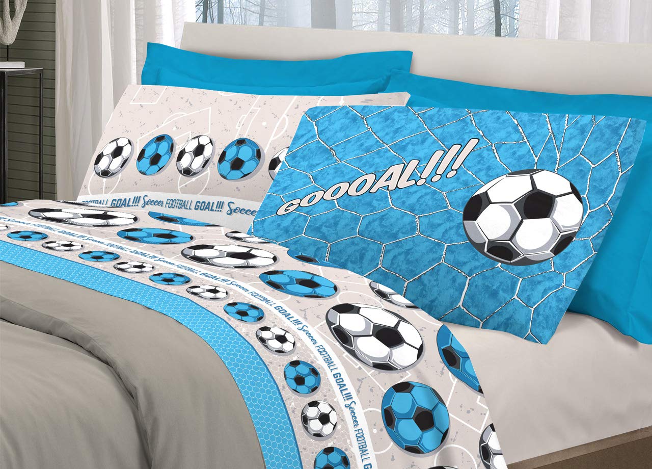BIANCHERIAWEB Completo Lenzuola Linea Pensieri Delicati 100% Cotone Disegno Calcio Piazza E Mezza Azzurro