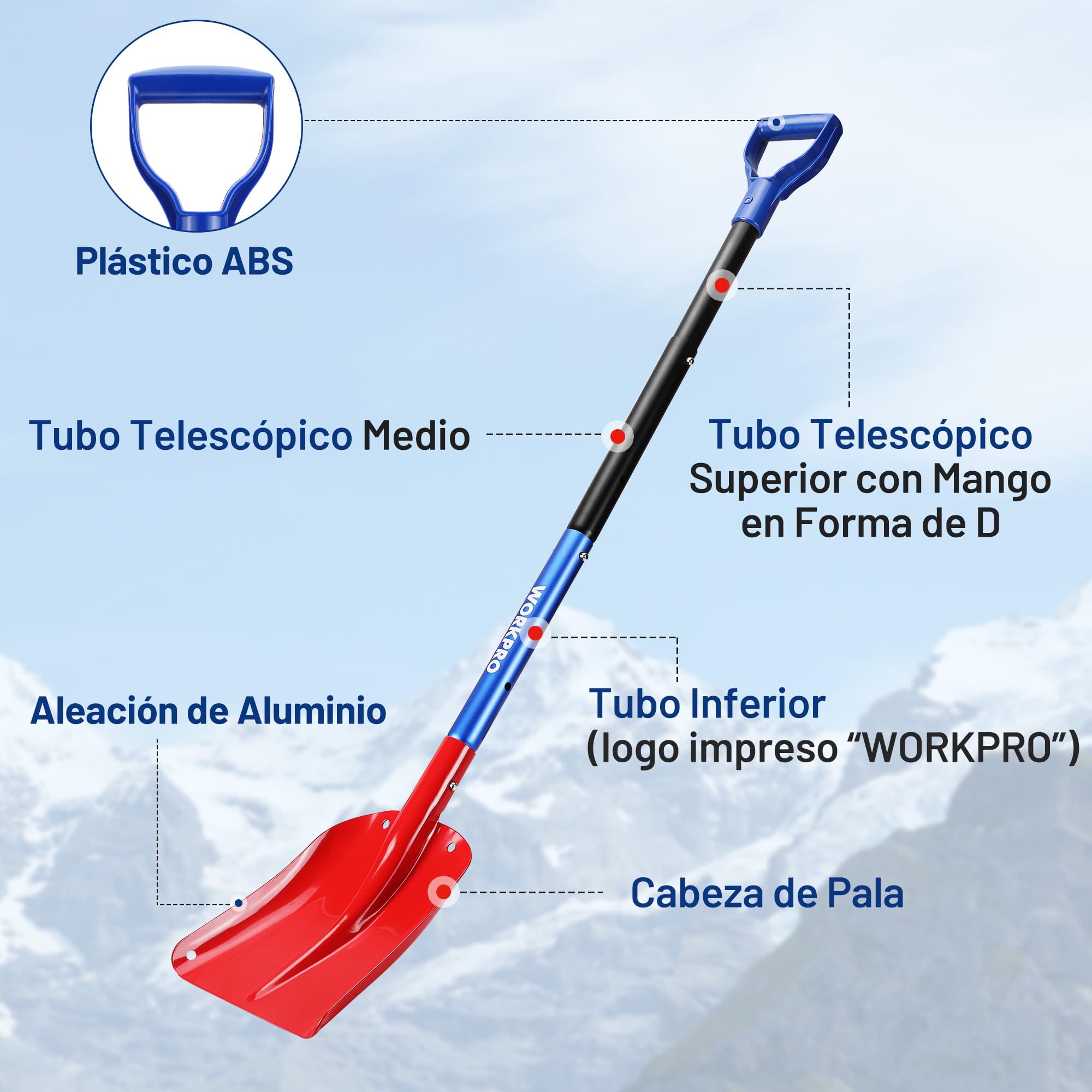 WORKPRO Pala de Nieve, Pala Quitanieves de Aluminio Extraíble, Pala para Nieve con Mango Telescópico, 65,5-120 cm, Herramienta para Quitar Nieve con Bolsa de Transporte, Adecuada para Jardín, Coche