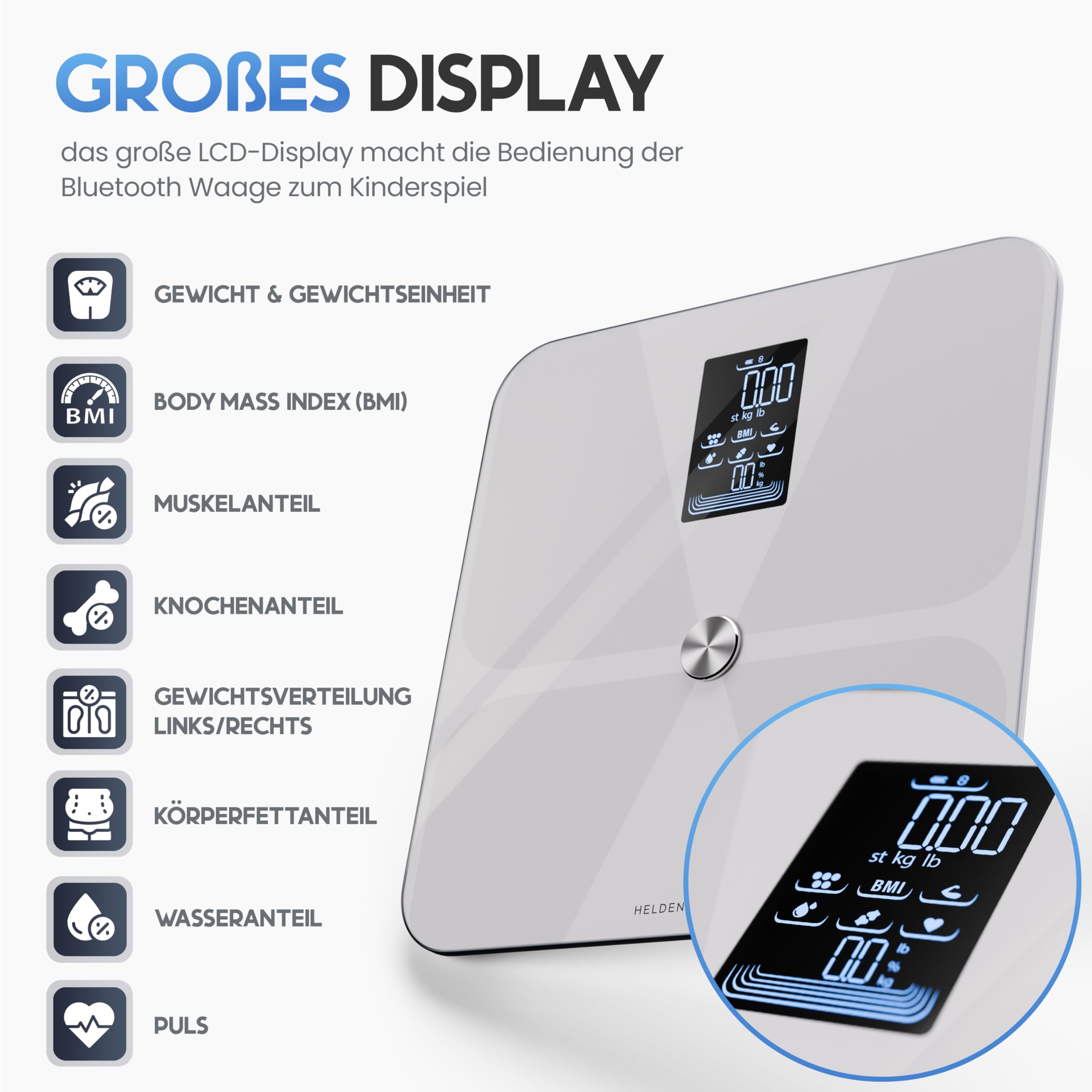 HELDENWERK Báscula de baño para personas con aplicación y sensor de superficie completa, 180 kg/400 libras, báscula de cuerpo digital, Bluetooth para análisis corporal de grasa corporal, IMC, masa