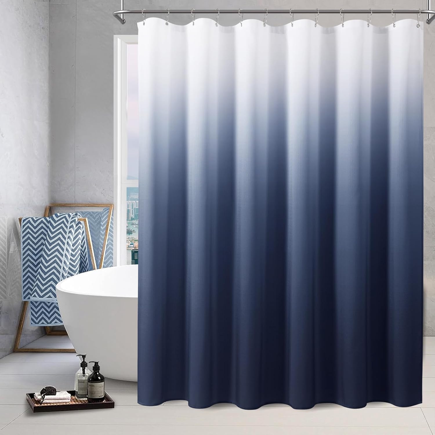 Navy Blue Long Shower Curtain for Bathroom Hotel Spa, 78 Inch Ombre Blue and White Washable Cloth Shower Curtains Set with Hooks, Men Coastal Nautical Accessories Decor Water Repellent 72x78