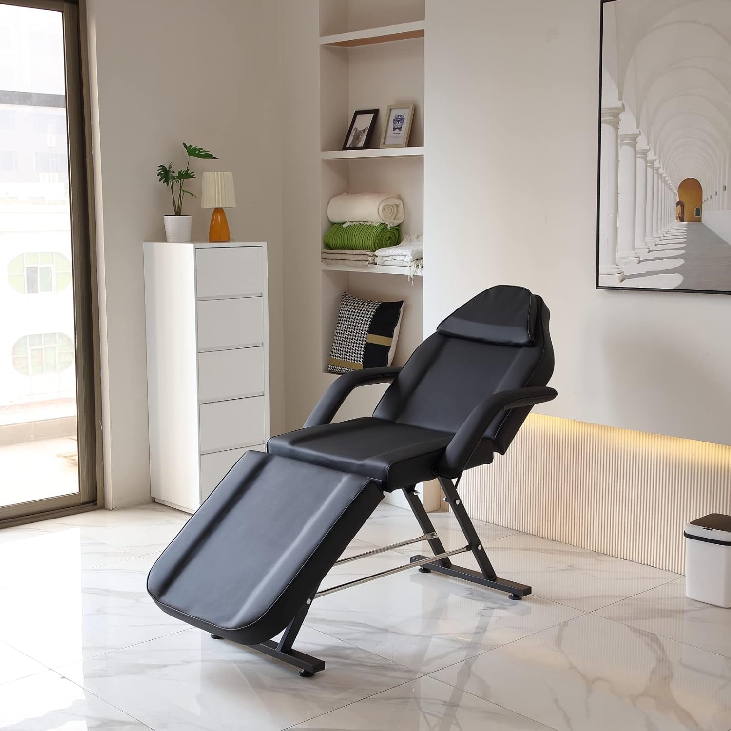 Schwarz Klappbar Massagelieg Tattooliege Kosmetikstuhl höhenverstellbare Massageliege Zubehör Removable Armrests Headrest Hocker & Bettwäsche (Schwarz)