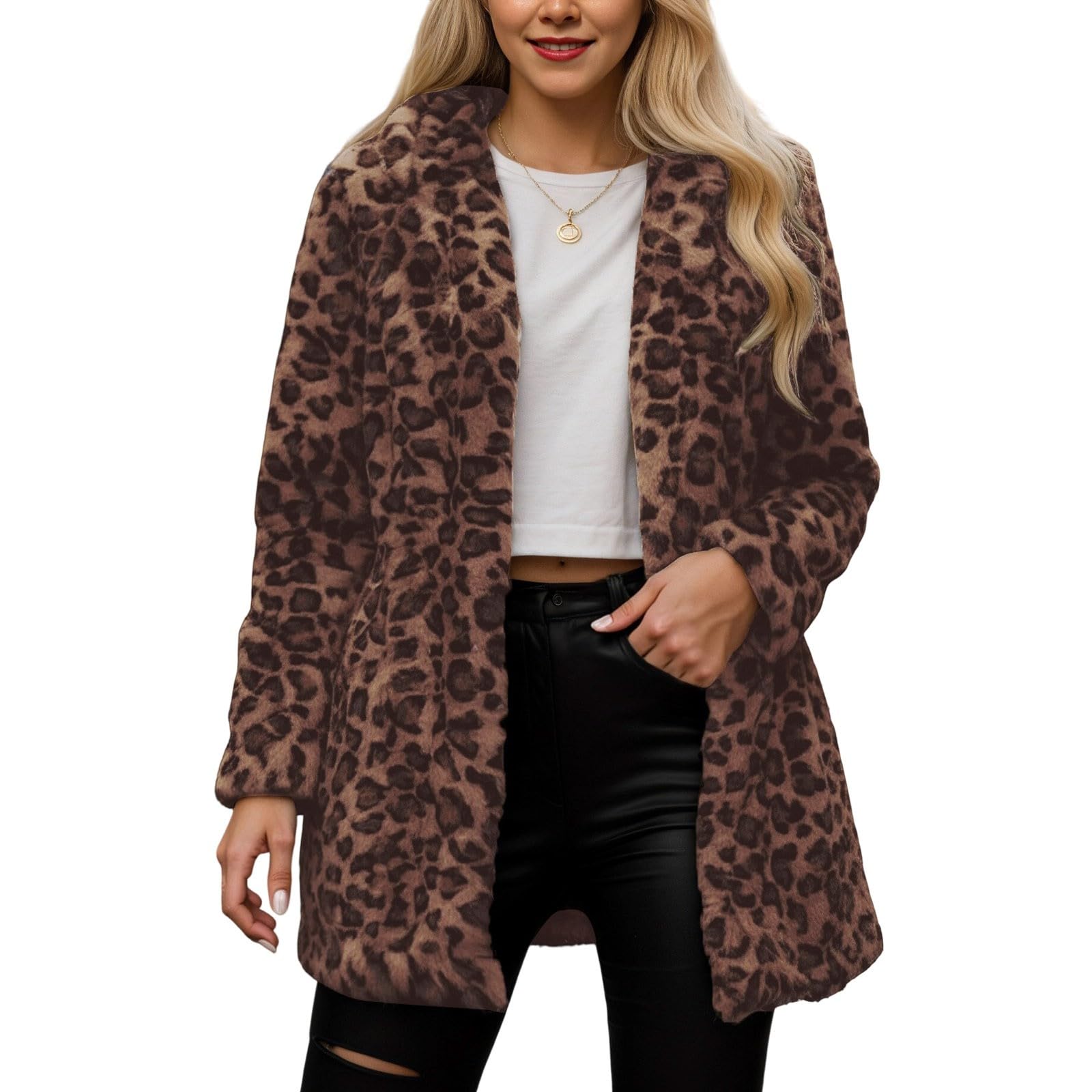 Strickjacke Damen Warmer Mantel mit Leopardenmuster Imitat mit Taschen lockerer Schnitt Cardigan Stil Winter vielseitiger Strickpullover Übergangsjacke