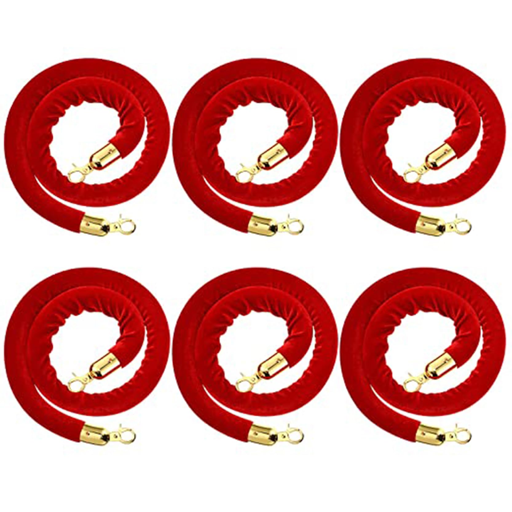 Aioneer 6 Pack Red Velvet Stanchion Rope With Gold Clasps 10Ft Crowd Control Velvet Ropes For Queue Safety Foam Core Red Rope Barrier For Stanchion Posts-Red-10ft/305cm
