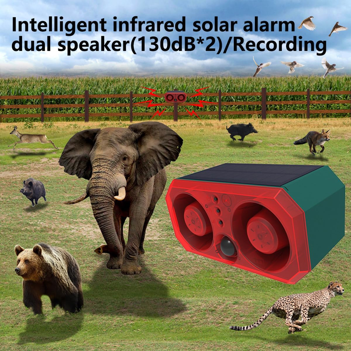 Sirena Solar de detección de Movimiento al Aire Libre-Equipado con un generador de Ruido de 2 * 130db y luz estroboscópica LED, admite grabación, manténgase alejado de Intrusos