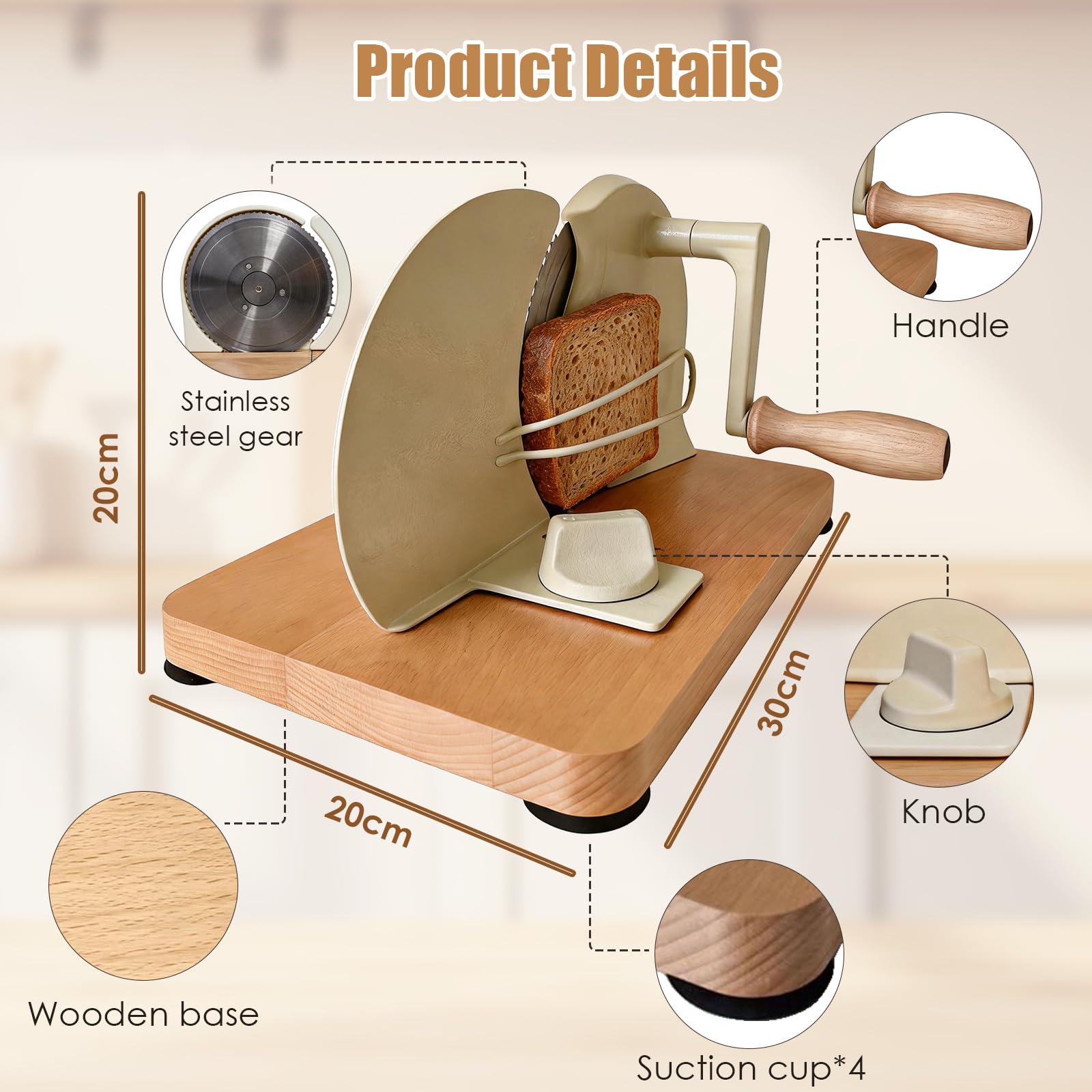 Trancheuse à Pain Manuelle, Coupe-Pain avec Socle en Bois & Lame Inoxydable Amovible, Épaisseur Réglable, Trancheuse à Pain pour Maison, Boulangerie & Café