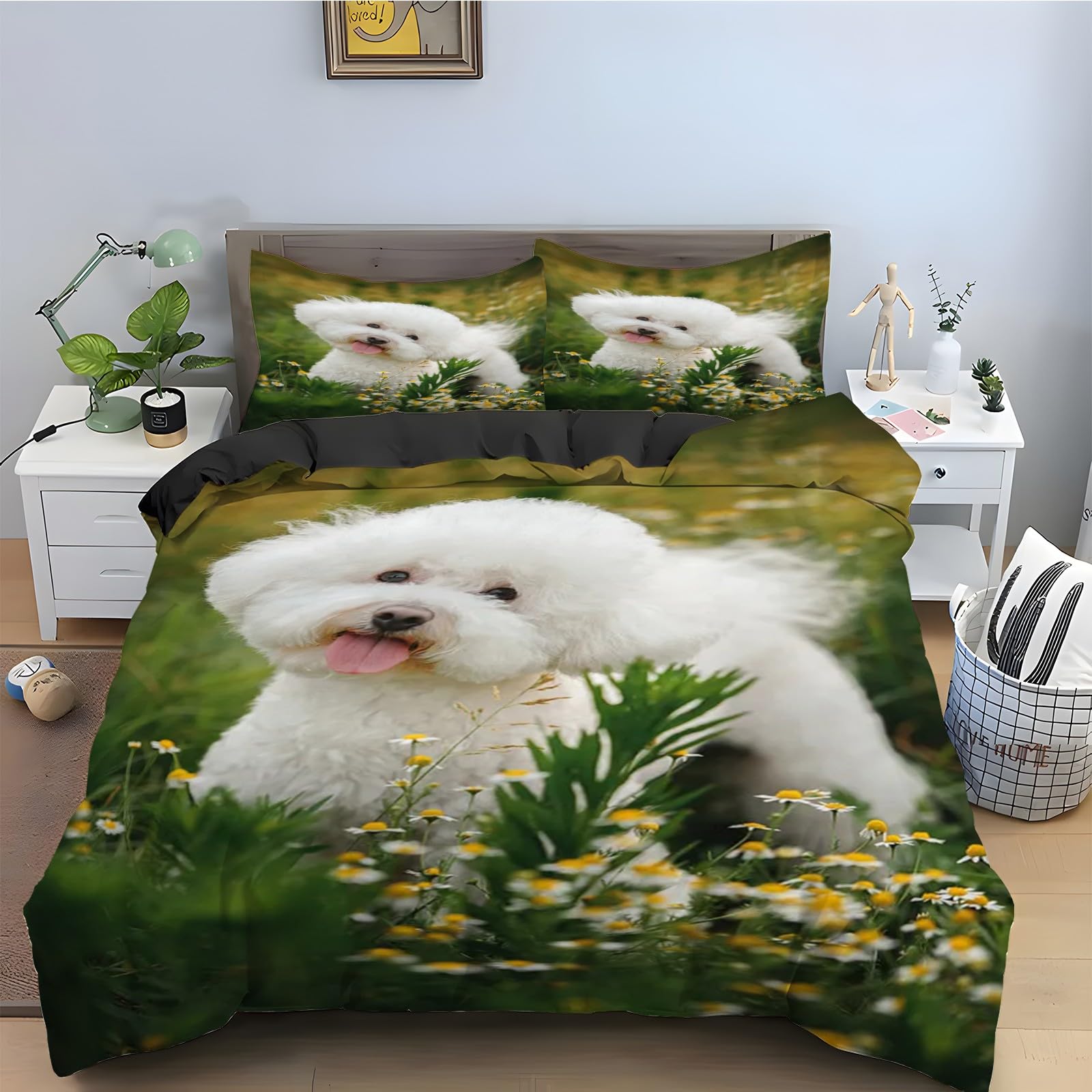 Ensemble de Literie 3 Pièces au Motif Bichon Frisé et Finition Zippée Durable