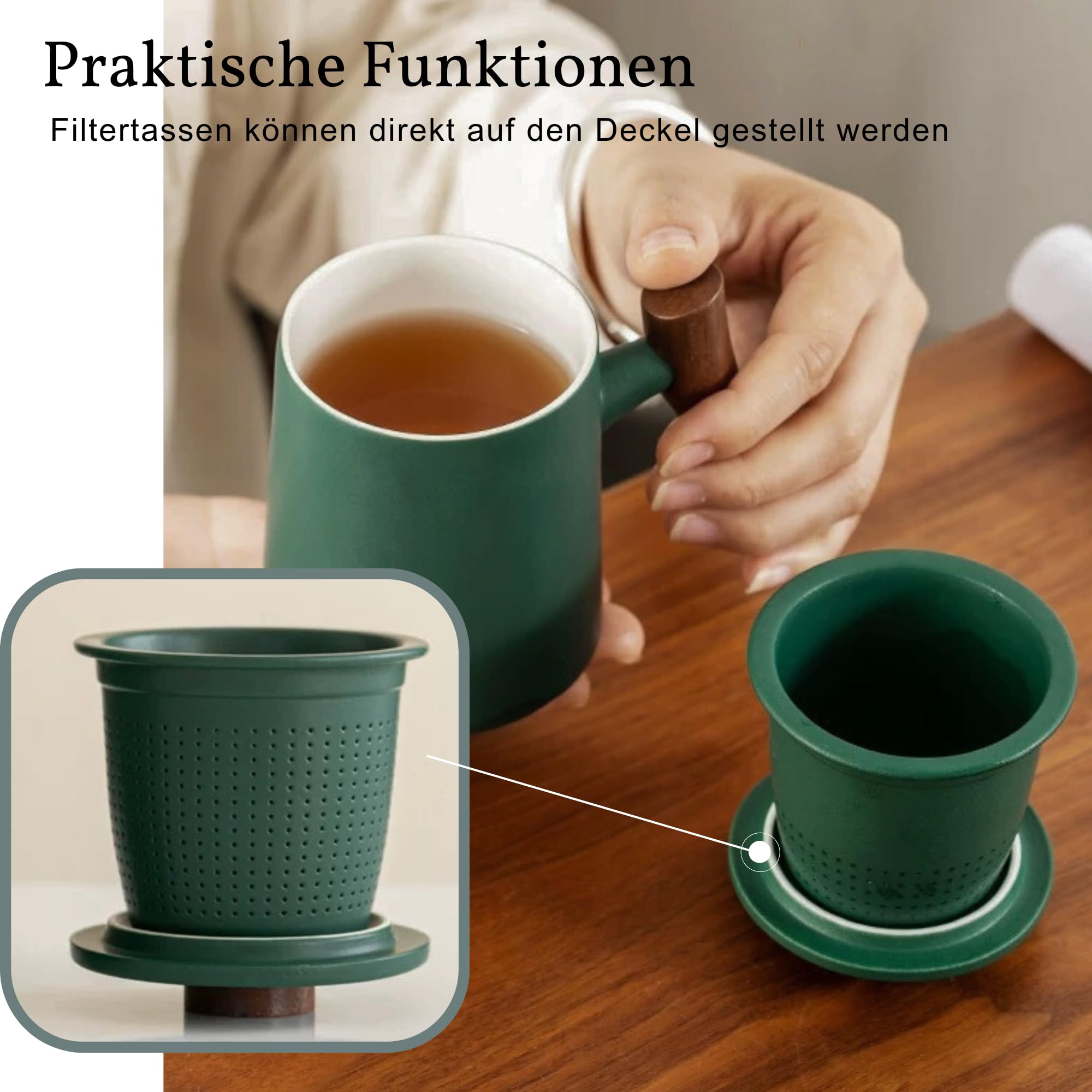 JanYoo Teetasse mit Deckel und Sieb,360ml Palisandergriff Keramik Losen Teebecher,Matte Steinzeug Glasierte Teetassen für Einweichen Tee Grün