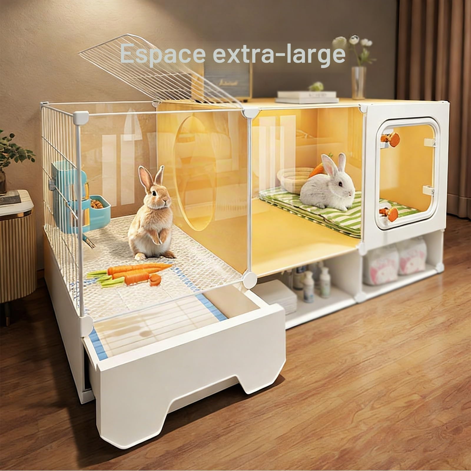 Cage Lapin d'intérieur, Cage avec Plateau Coulissant et Espace de Rangement, Maison Lapin Transparente, for Petits Animaux(106x45x53CM)